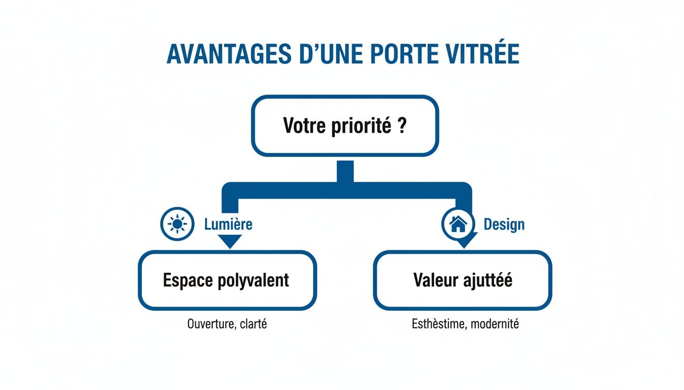Diagramme des avantages d'une porte vitrée, distinguant la lumière pour un espace polyvalent et le design pour une valeur ajoutée.