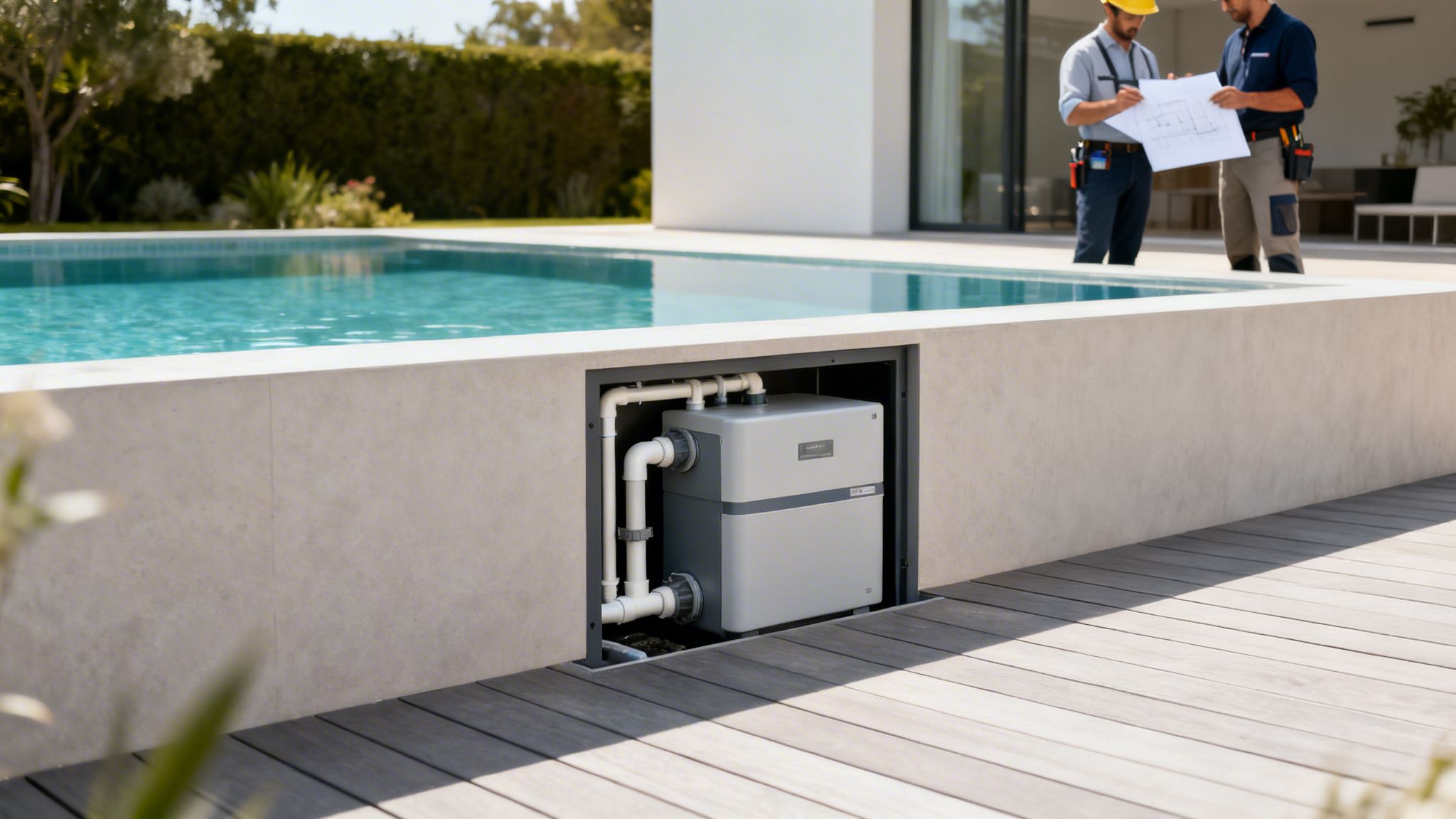 pool sand filter pool filtration - Le guide du sable filtre piscine pour une eau parfaite Système de filtration de piscine moderne et intégré, avec deux techniciens discutant de plans.