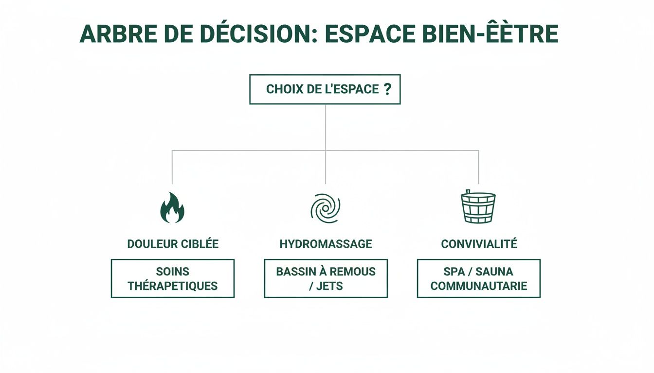 difference between sauna and hammam wellness decision tree - Difference entre sauna et hammam: le guide pour choisir votre espace bien-être Diagramme d'arbre de décision pour choisir un espace bien-être selon les besoins: douleur ciblée, hydromassage ou convivialité.