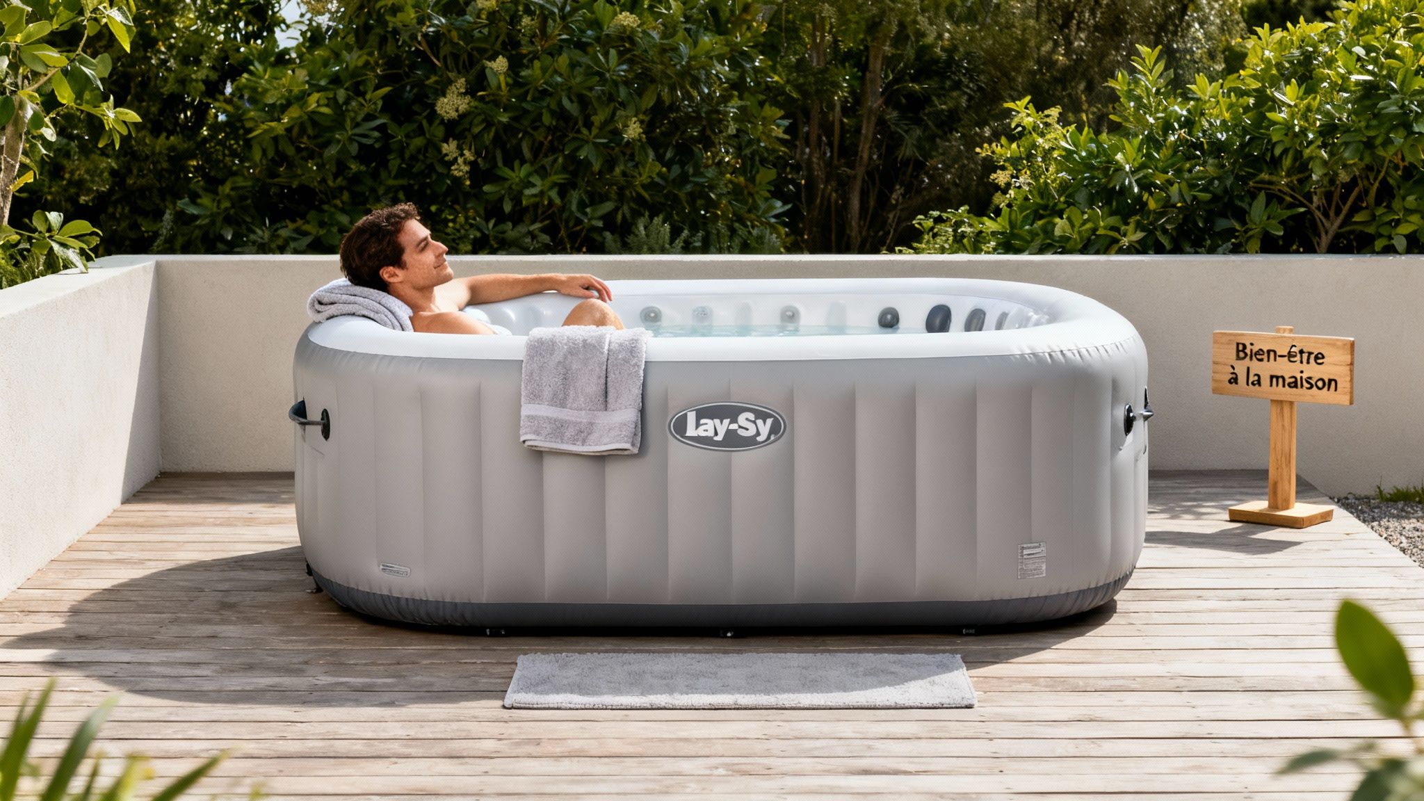 spa lay z bestway spa - Spa lay z bestway: guide complet pour votre oasis de détente à domicile Un homme se détend dans un spa gonflable Lay-Z-Spa sur une terrasse en bois ensoleillée, entouré de verdure.