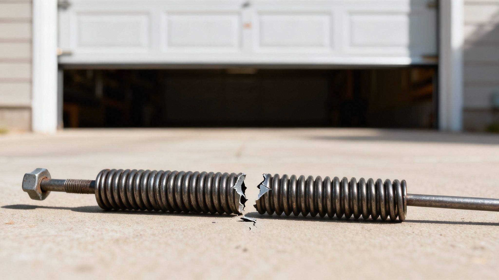 Ressort de porte de garage cassé en deux sur le sol devant une porte entrouverte.