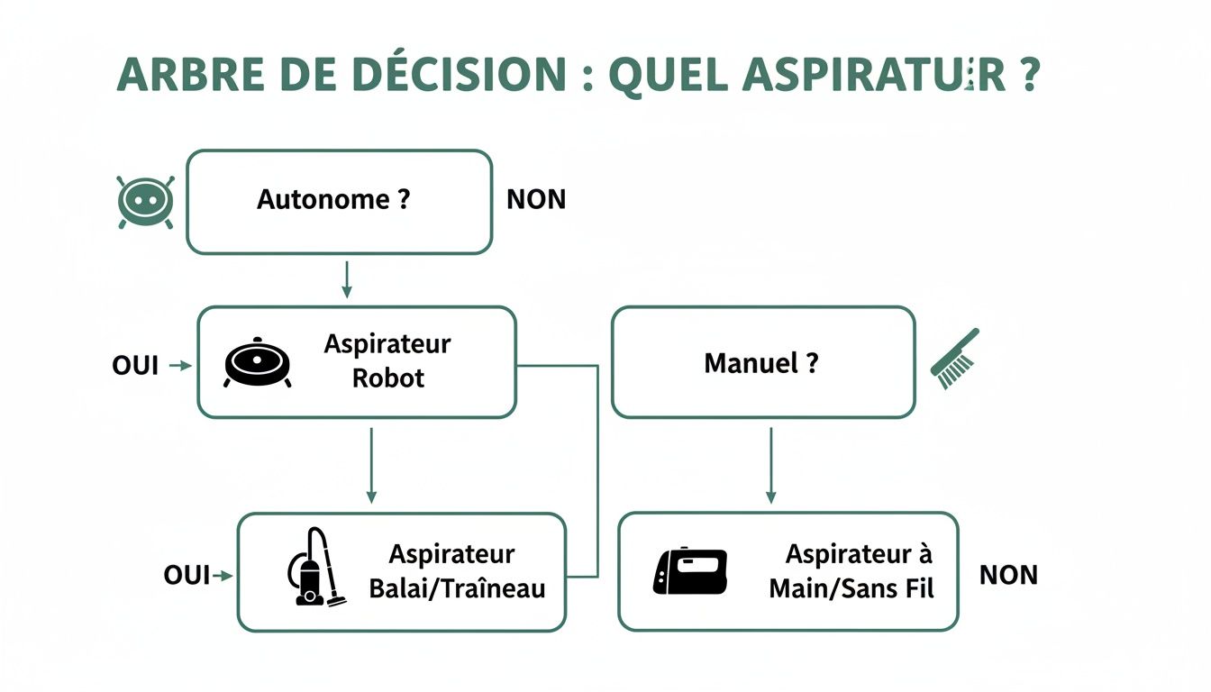 pool vacuum decision tree - Le guide complet pour choisir votre aspirateur de piscine idéal Un arbre de décision simple aidant à choisir un type d'aspirateur : robot, balai/traîneau ou à main/sans fil.
