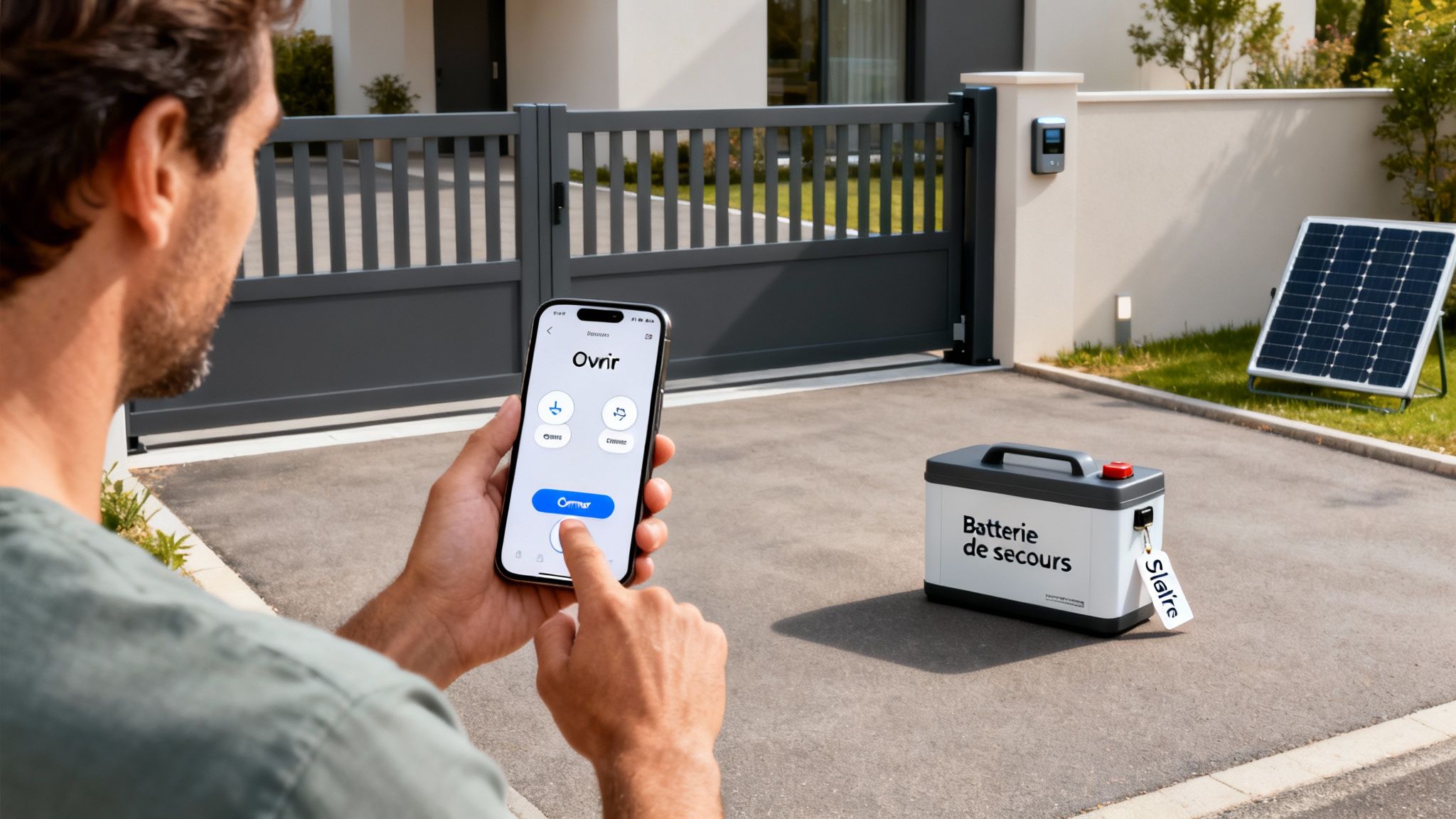 Un homme ouvre son portail via smartphone, alimenté par panneau solaire et batterie de secours.