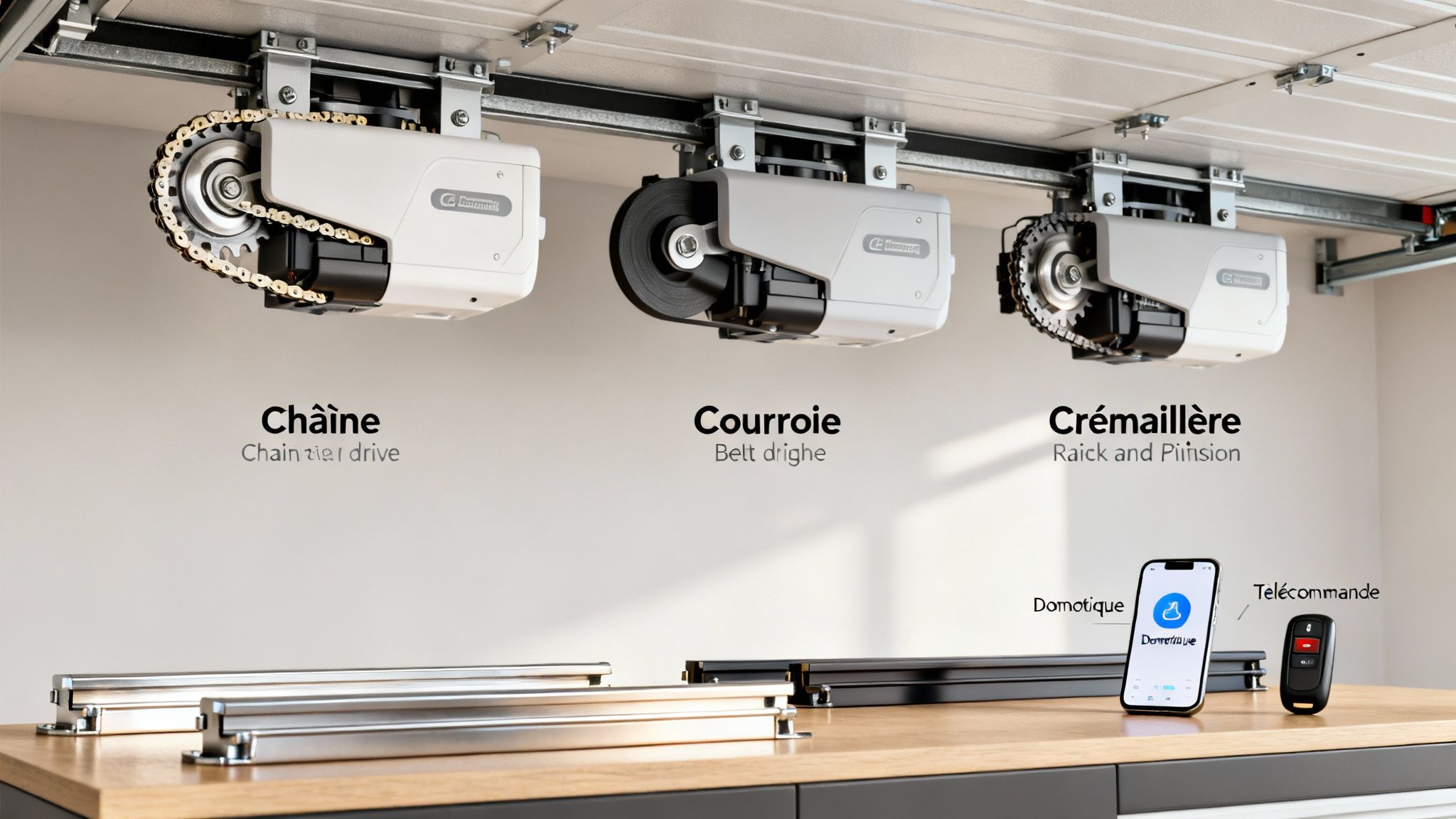 Trois types d'ouvre-portes de garage (chaîne, courroie, crémaillère) avec options domotique et télécommande.