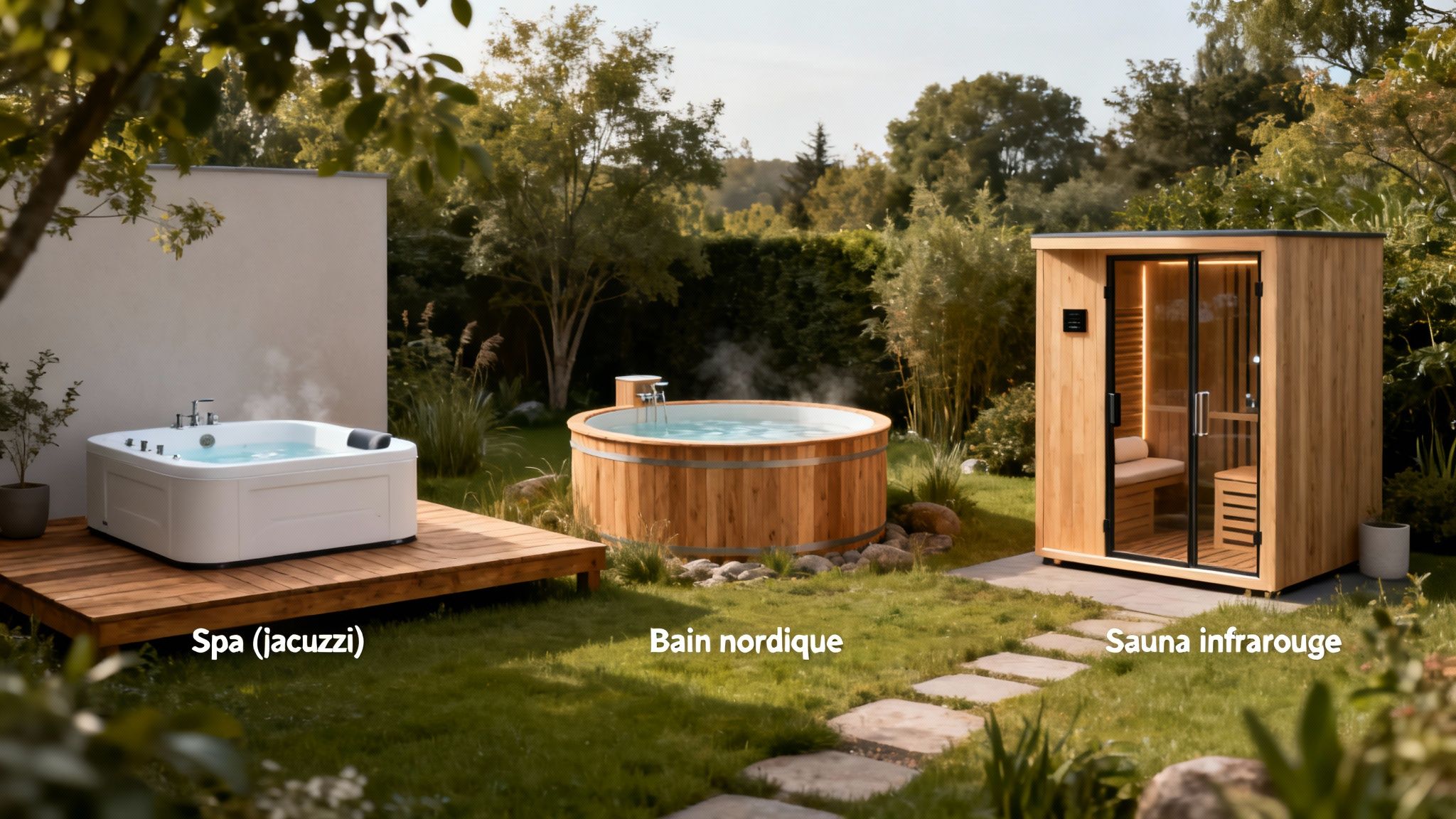 pool in the garden wellness outdoor - Conseils et budgets : piscine dans le jardin Un jardin verdoyant aménagé avec un spa blanc sur terrasse en bois, un bain nordique et un sauna infrarouge.