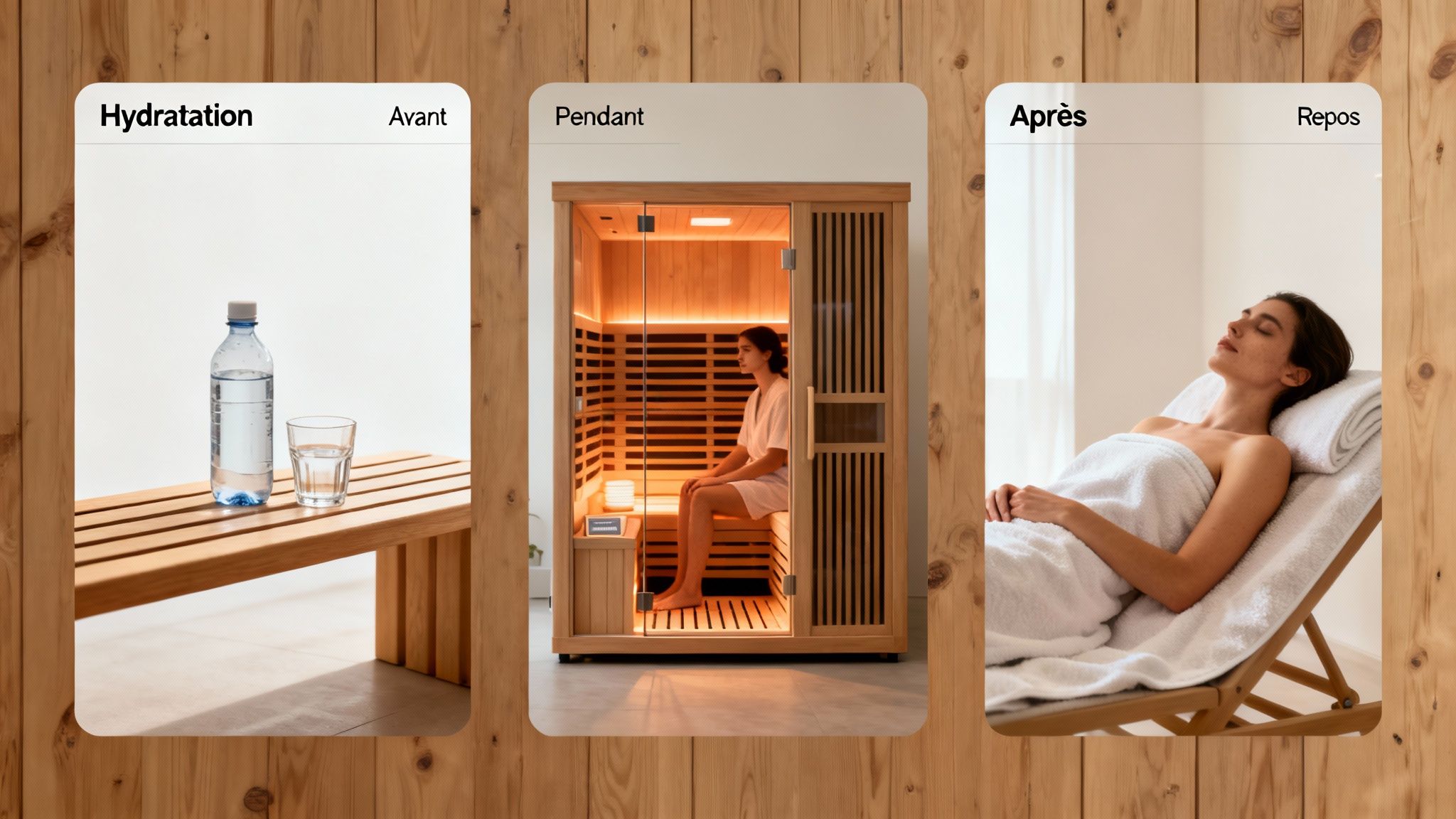 how long to stay in an infrared sauna sauna process - Combien de temps peut on rester dans un sauna infrarouge: conseils et sécurité Séquence illustrant l'expérience du sauna : hydratation avant, séance en cabine infrarouge, puis détente et repos après.