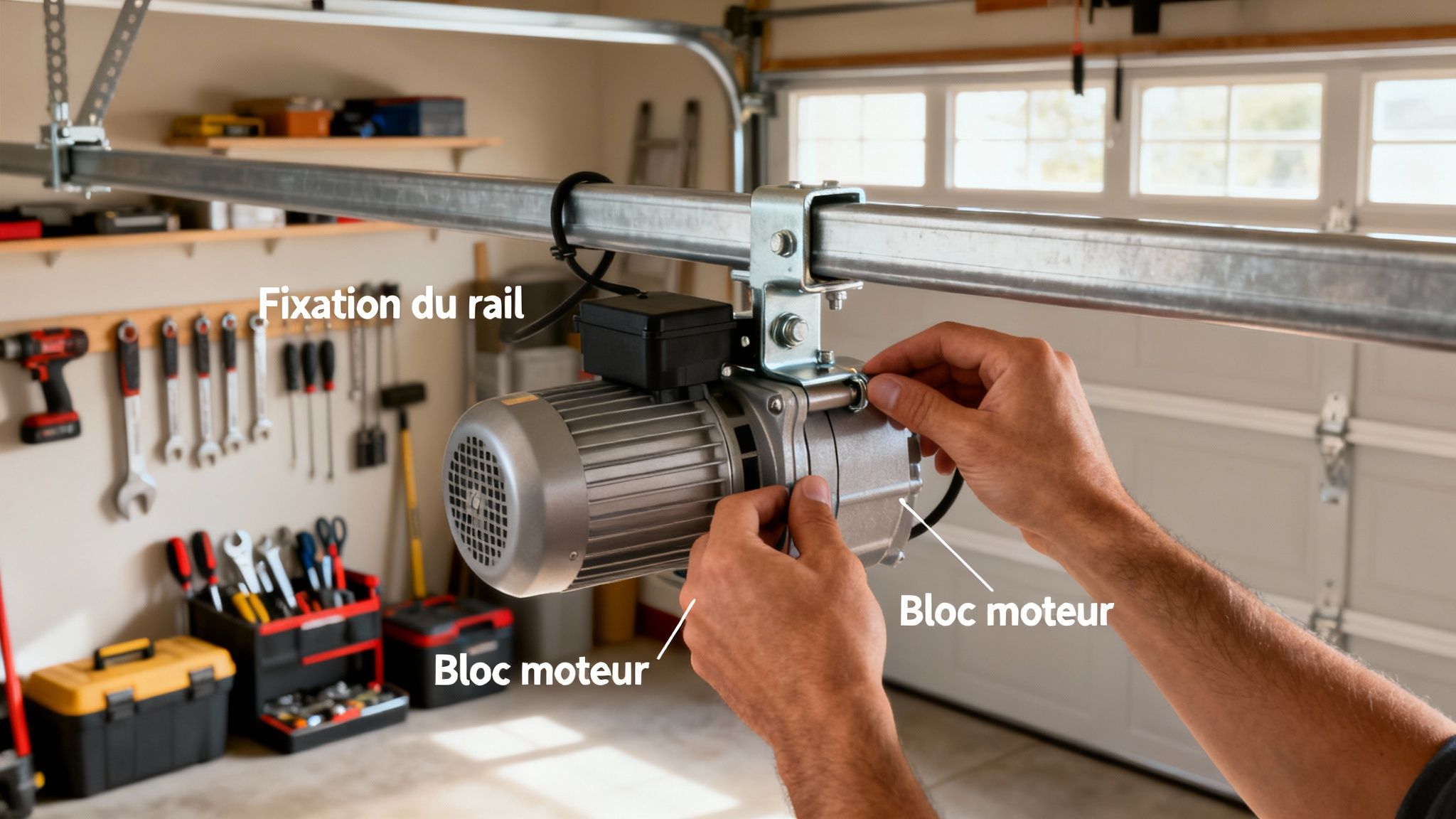 Un homme installe le bloc moteur d'un système de porte de garage sur un rail métallique.