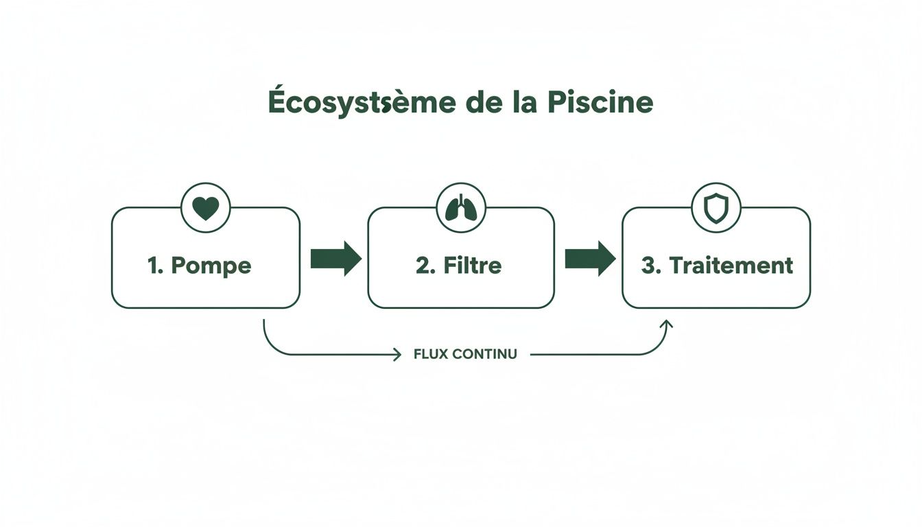 pool technical room pool system - Local technique pour piscine: le guide complet pour votre espace technique Diagramme illustrant l'écosystème de la piscine avec pompe, filtre et traitement en flux continu pour l'eau.