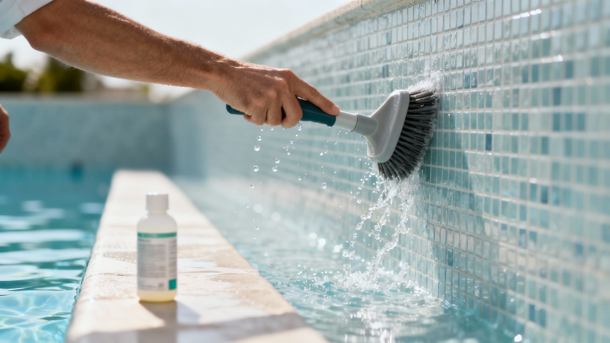 pool anti algae pool cleaning - Anti algue piscine le guide pour une eau cristalline Gros plan sur une main brossant les carreaux bleus d'une piscine, avec des éclaboussures et une bouteille de produit.