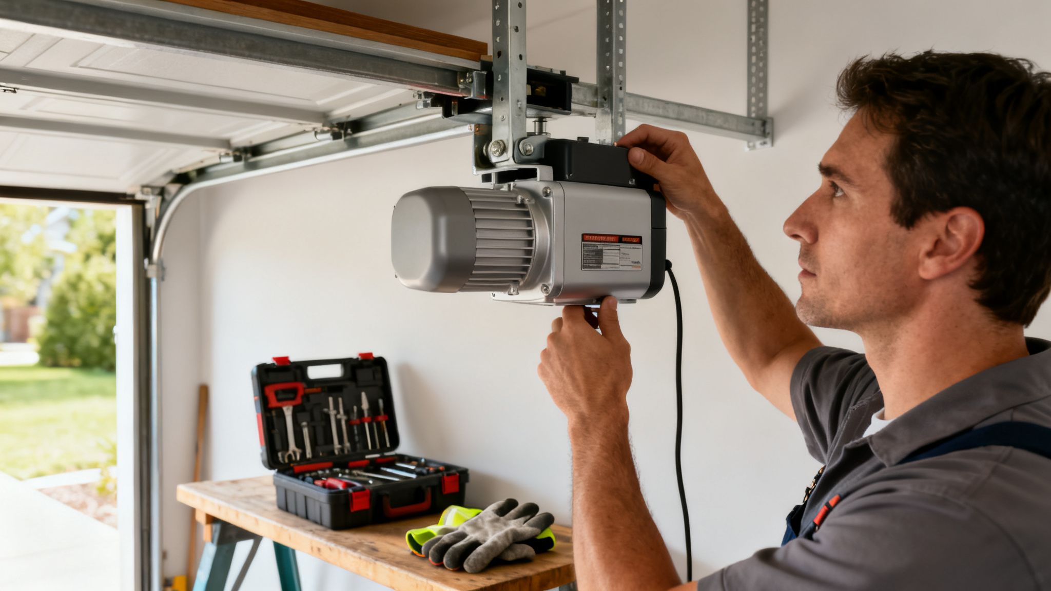 Un homme installe ou répare un ouvre-porte de garage. Une boîte à outils et des gants sont sur un établi.