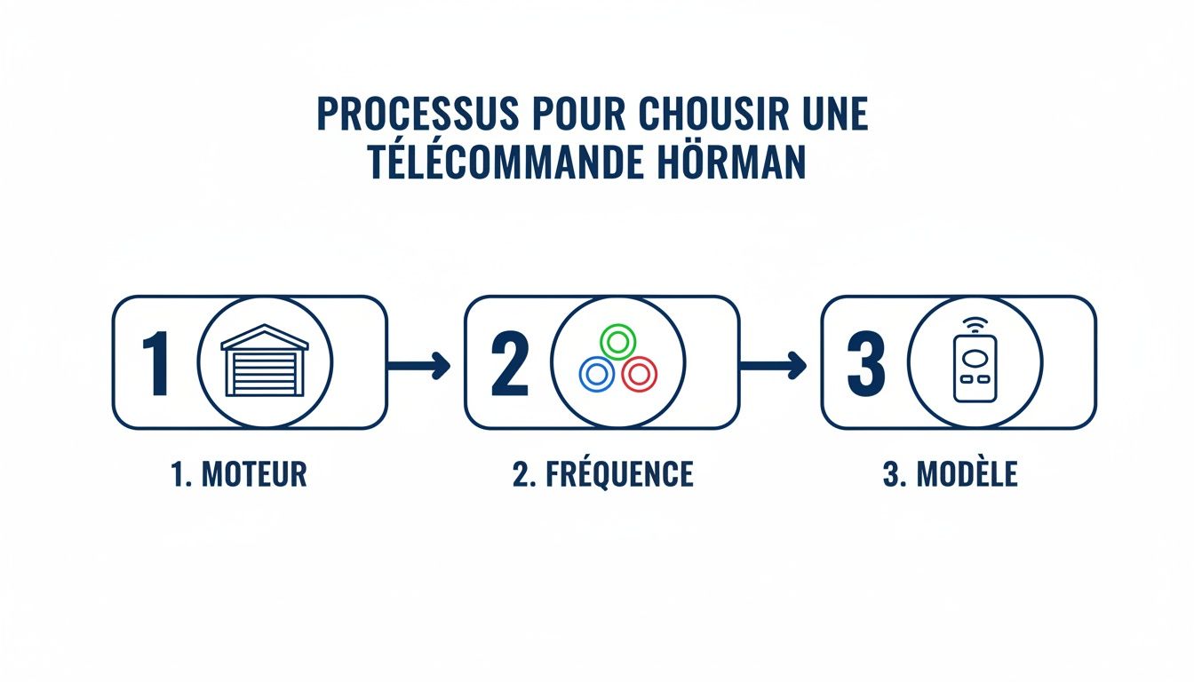 Infographie expliquant le processus en 3 étapes pour choisir une télécommande Hörmann : moteur, fréquence, modèle.