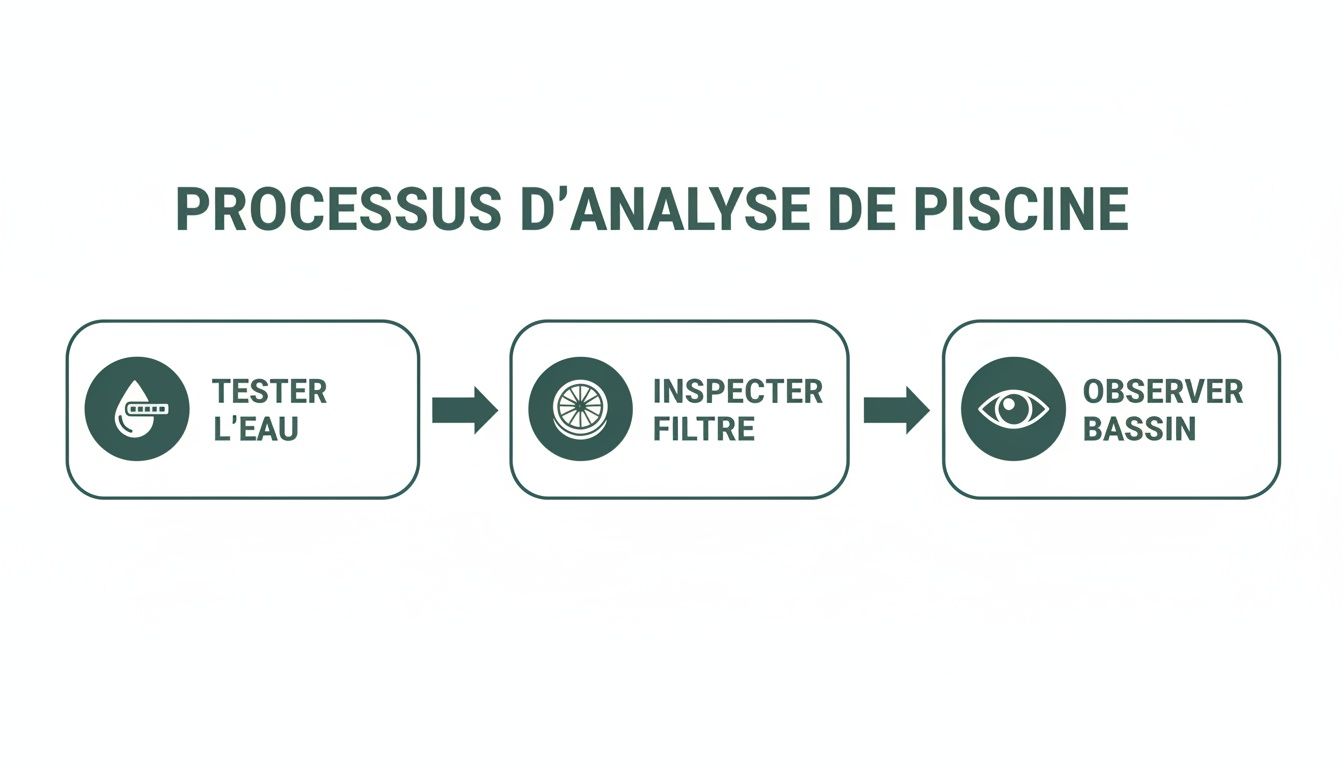 cloudy pool water pool analysis - Piscine eau trouble: Causes et plan d'action pour une eau claire Diagramme illustrant les étapes d'analyse d'une piscine : test de l'eau, inspection du filtre, observation du bassin.