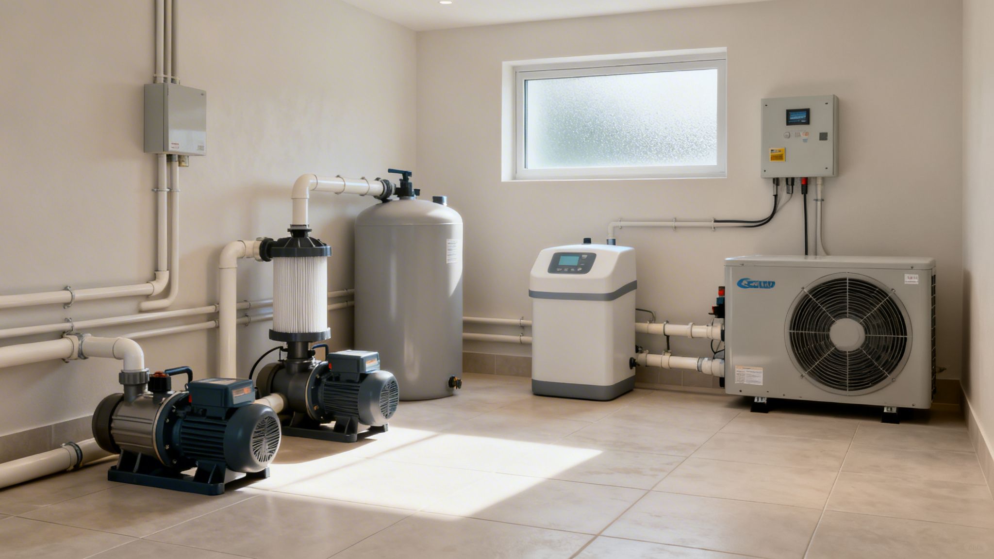 pool utility room pool equipment - Local technique pour piscine: le guide complet pour votre espace technique Salle technique moderne et propre avec pompes, filtre, réservoir, adoucisseur et pompe à chaleur pour piscine.