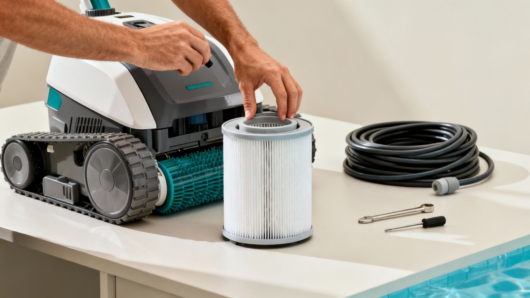 pool cleaner maintenance - Le guide complet pour choisir votre aspirateur de piscine idéal Un homme entretient un robot nettoyeur de piscine, remplaçant son filtre sur une table près d'une piscine.
