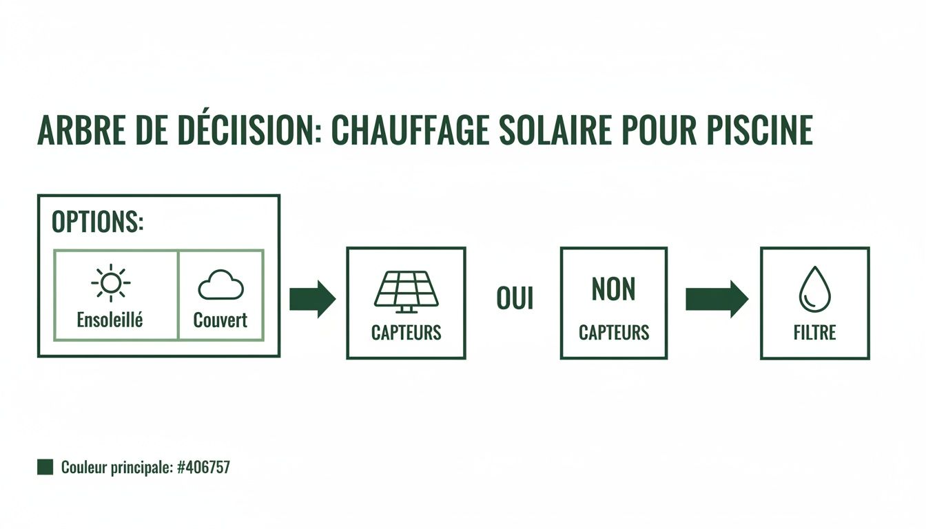solar pool heating decision tree - Le guide du chauffage piscine solaire pour prolonger votre baignade Arbre de décision pour le chauffage solaire de piscine, incluant options météo, capteurs et filtration.