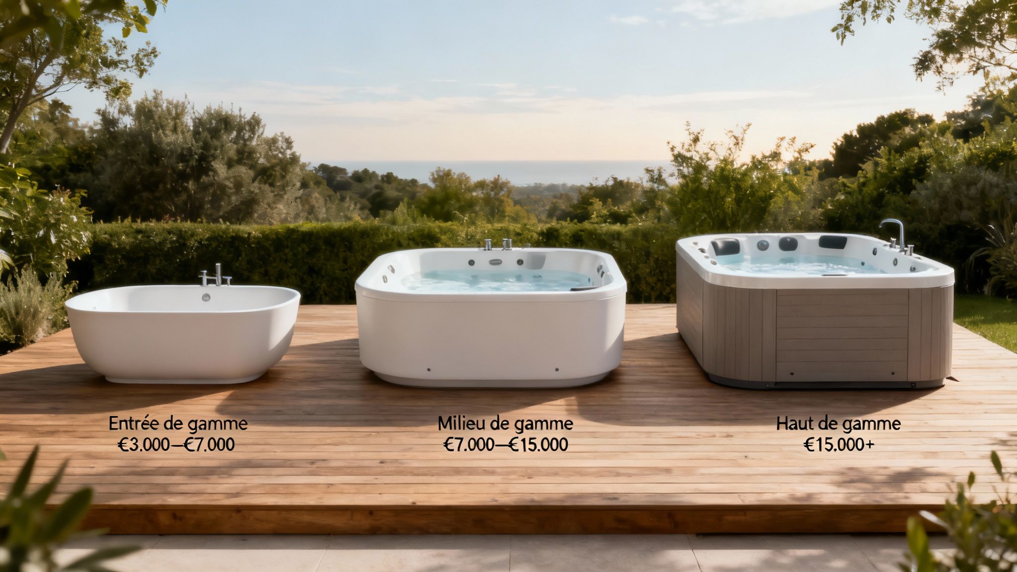 outdoor jacuzzi prices jacuzzi models - Prix jacuzzi extérieur: Guide des tarifs en Belgique et Luxembourg Trois jacuzzis de différentes gammes de prix (entrée, milieu, haut) sur une terrasse en bois avec vue sur la mer.