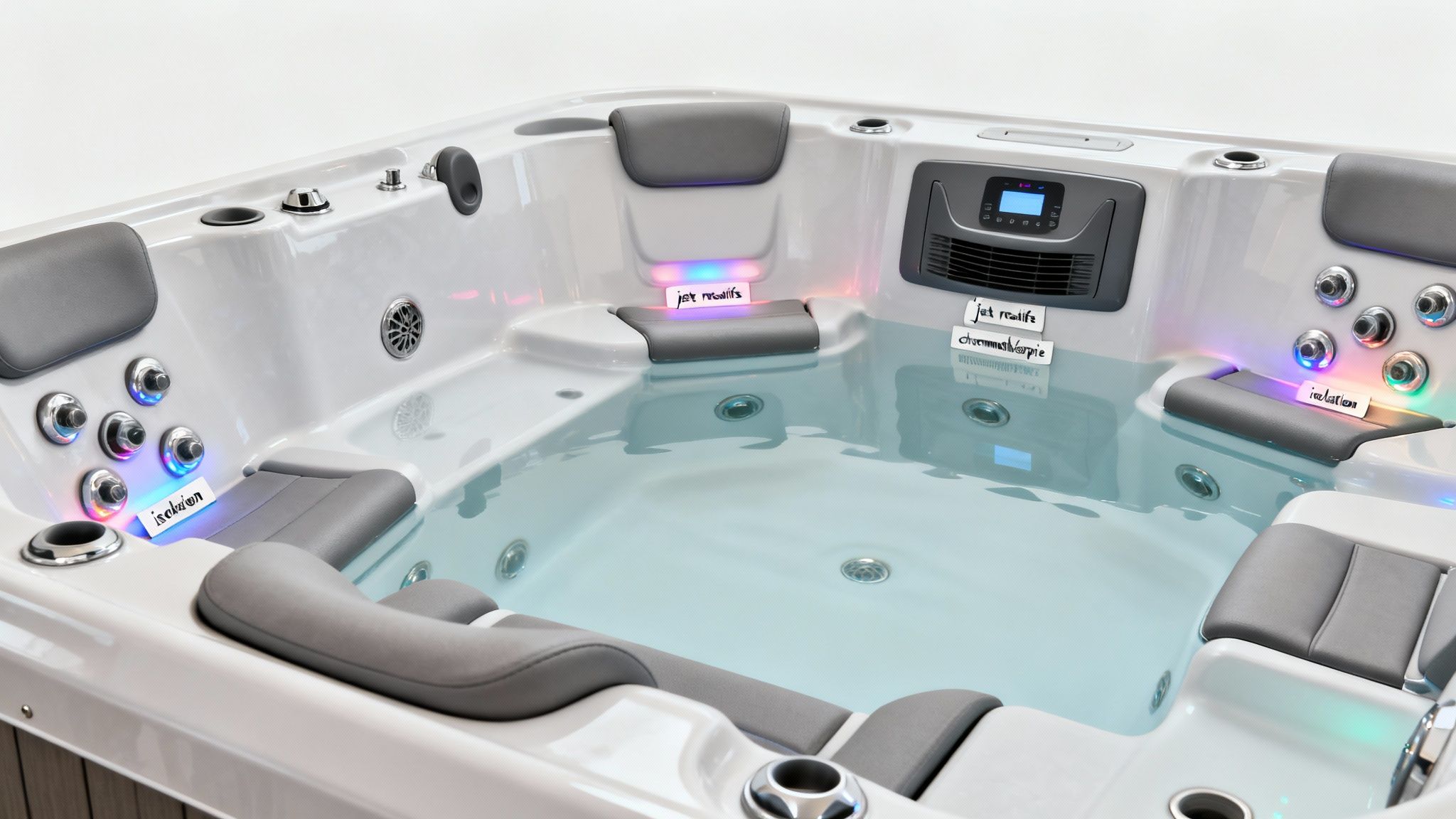 jacuzzi 6 people hot tub - Le guide ultime du jacuzzi 6 personnes pour la Belgique et le Luxembourg Intérieur d'un jacuzzi moderne blanc avec sièges gris, eau limpide et éclairage LED multicolore.