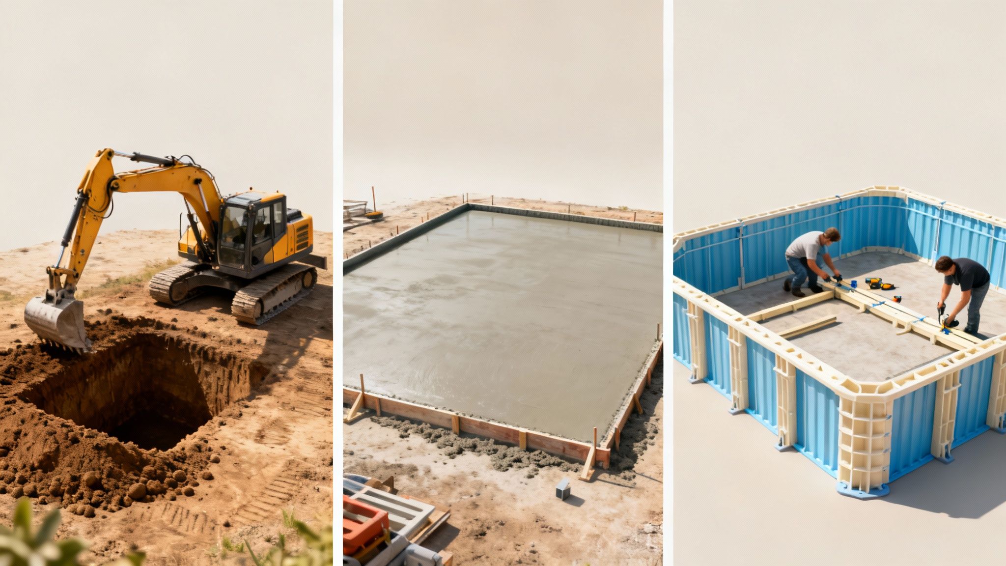 kit pools construction - Le guide complet des piscines en kit, spas et saunas en Belgique et Luxembourg Étapes de construction d'une piscine en kit : excavation, coulée de béton et assemblage des murs.