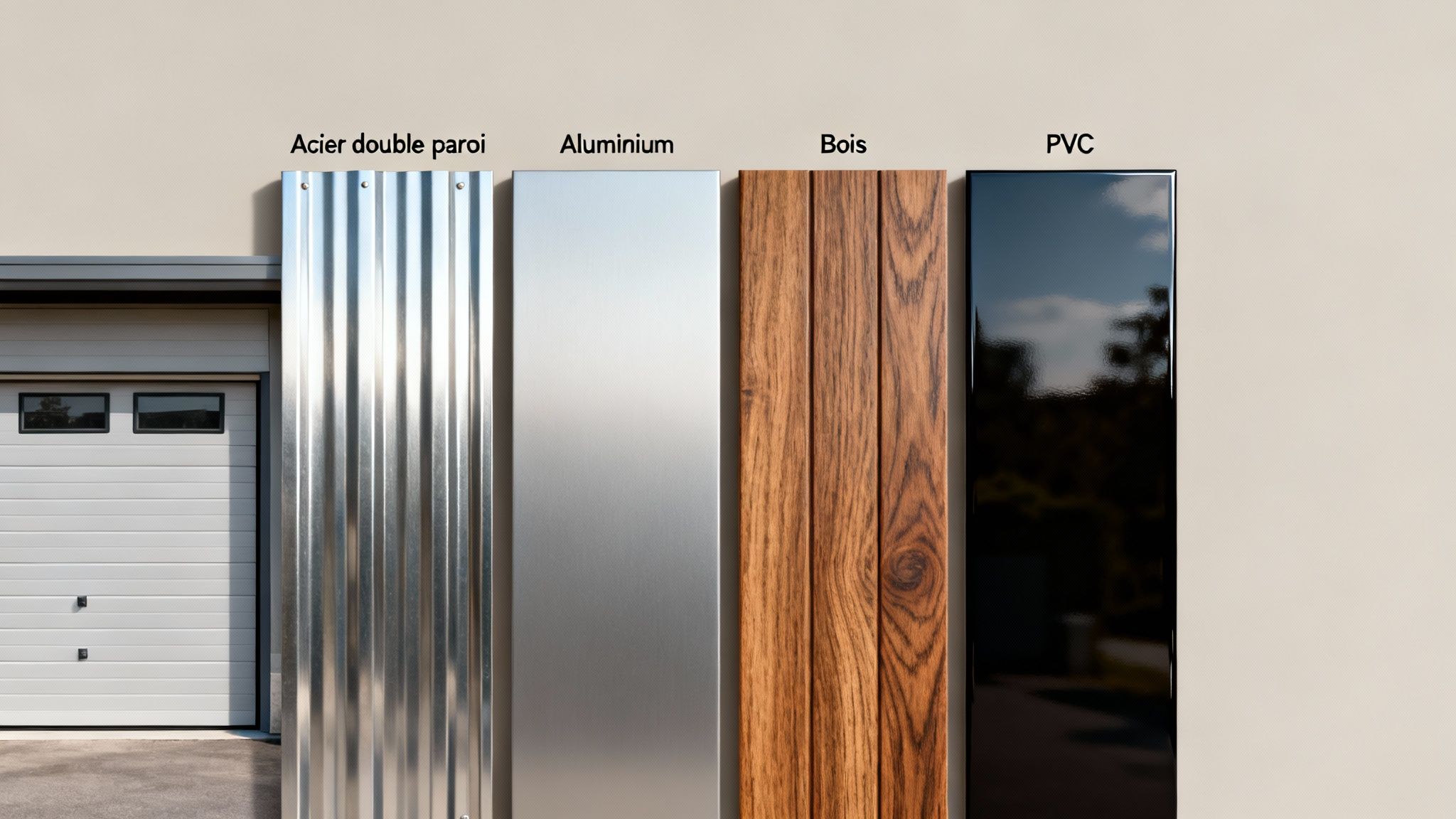 Quatre échantillons de matériaux pour portes de garage: acier double paroi, aluminium, bois, et PVC, présentés à côté d'une porte de garage blanche.