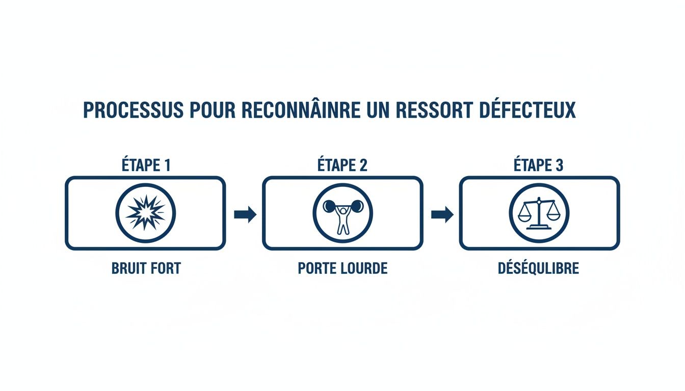 Infographie décrivant les trois étapes pour identifier un ressort de porte défectueux : bruit fort, porte lourde et déséquilibre.