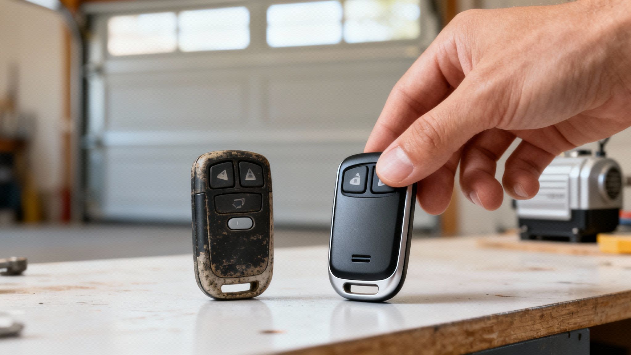 Main tenant une nouvelle télécommande de porte de garage ou de voiture à côté d'une ancienne et usée.