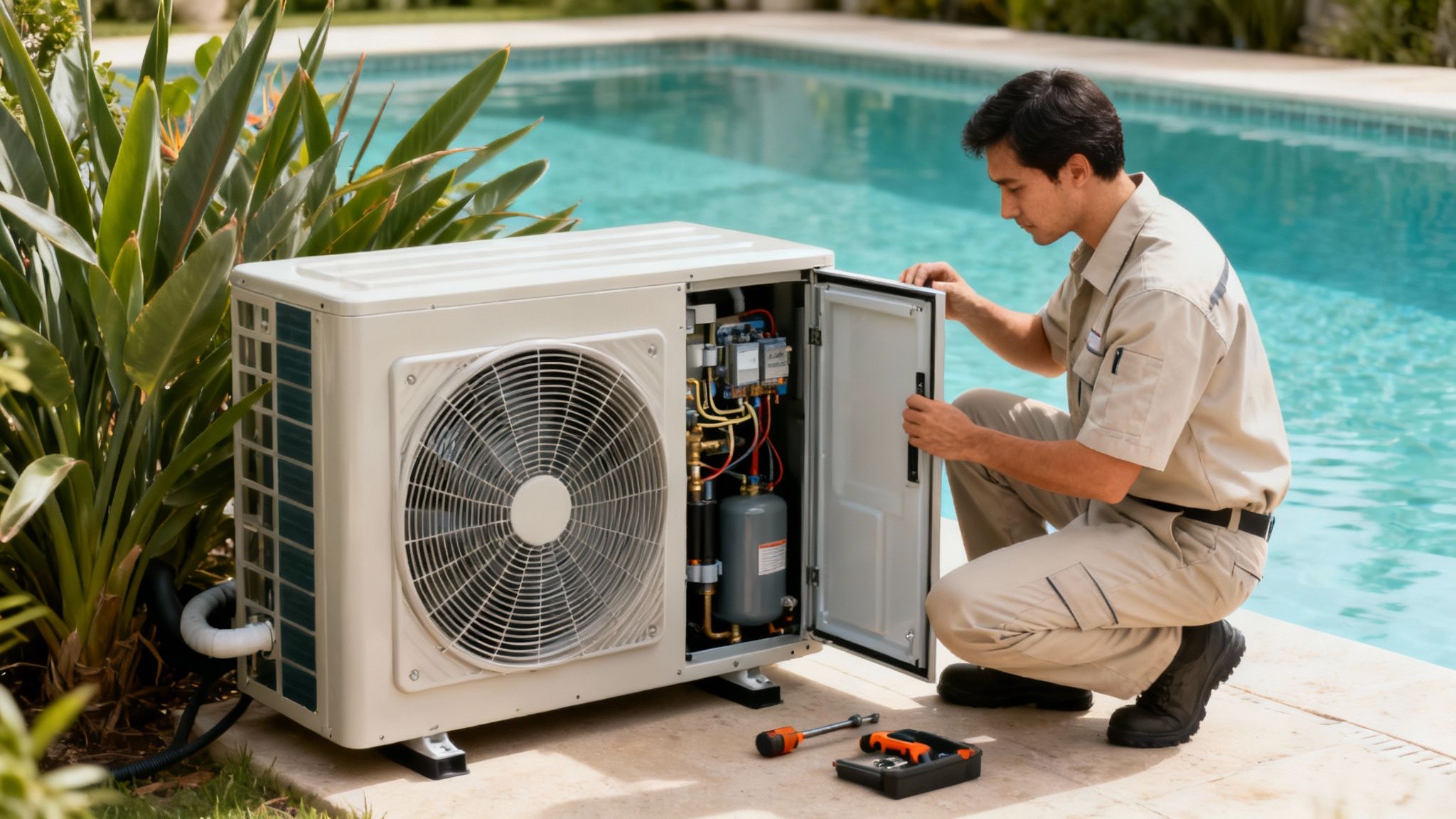 pool heat pump maintenance - Le guide de la pompe à chaleur pour piscine, spa et bain nordique en Belgique et Luxembourg Un technicien en uniforme beige répare une pompe à chaleur de piscine à côté d'une piscine bleue.