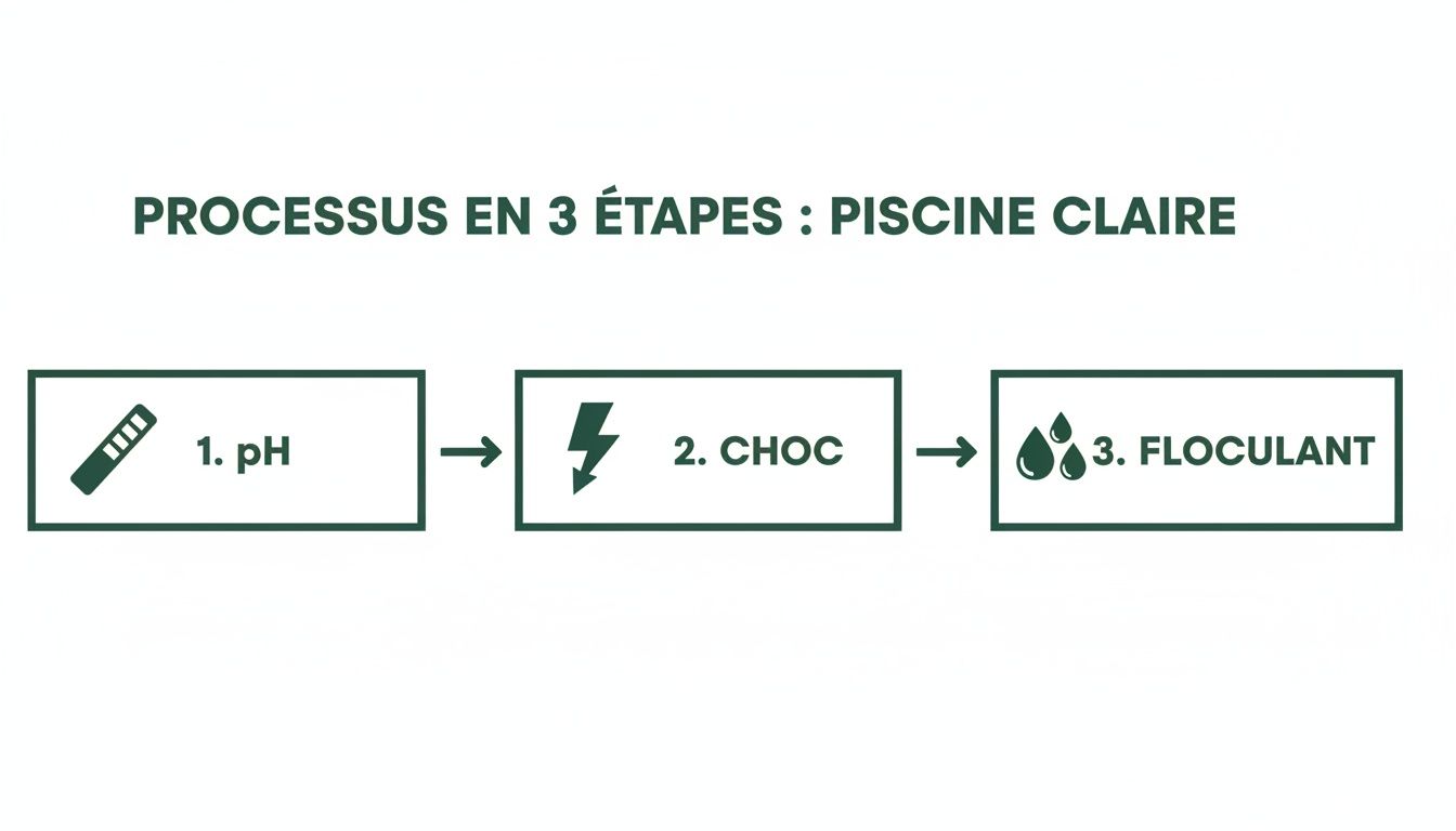cloudy pool water pool clarity process - Évitez les eaux troubles piscine : conseils rapides et efficaces Infographie du processus en 3 étapes pour une piscine claire : pH, traitement choc et floculant.