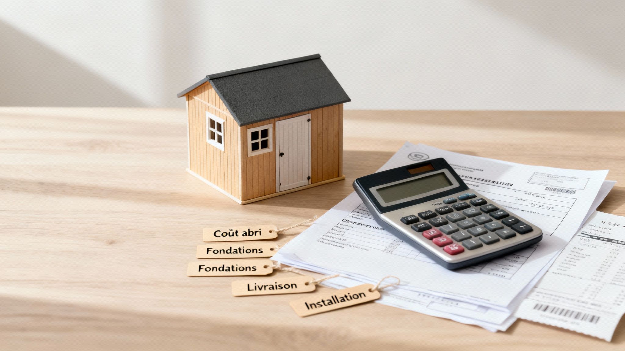 Calculateur, abri de jardin miniature et étiquettes de coûts (fondations, livraison, installation) sur une table en bois.