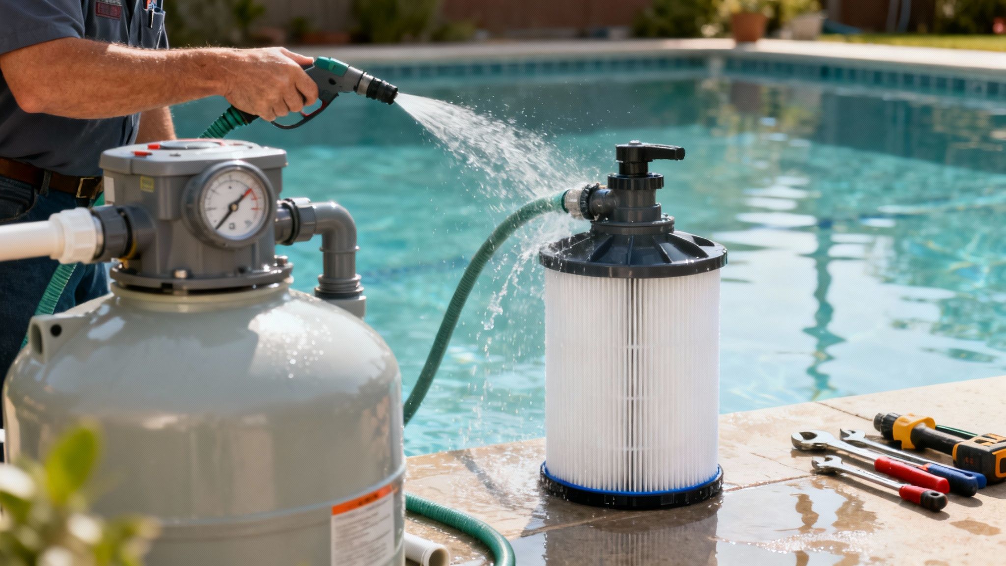 anti algae pool pool maintenance - Anti algue piscine le guide pour une eau cristalline Un homme nettoie un filtre de piscine avec un tuyau d'arrosage à côté d'une piscine extérieure et des outils.