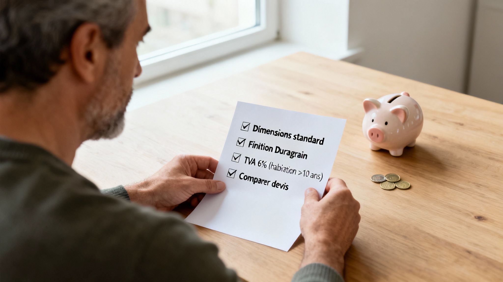 Un homme examine une liste de contrôle pour l'achat de portes de garage, avec une tirelire et des pièces sur la table.
