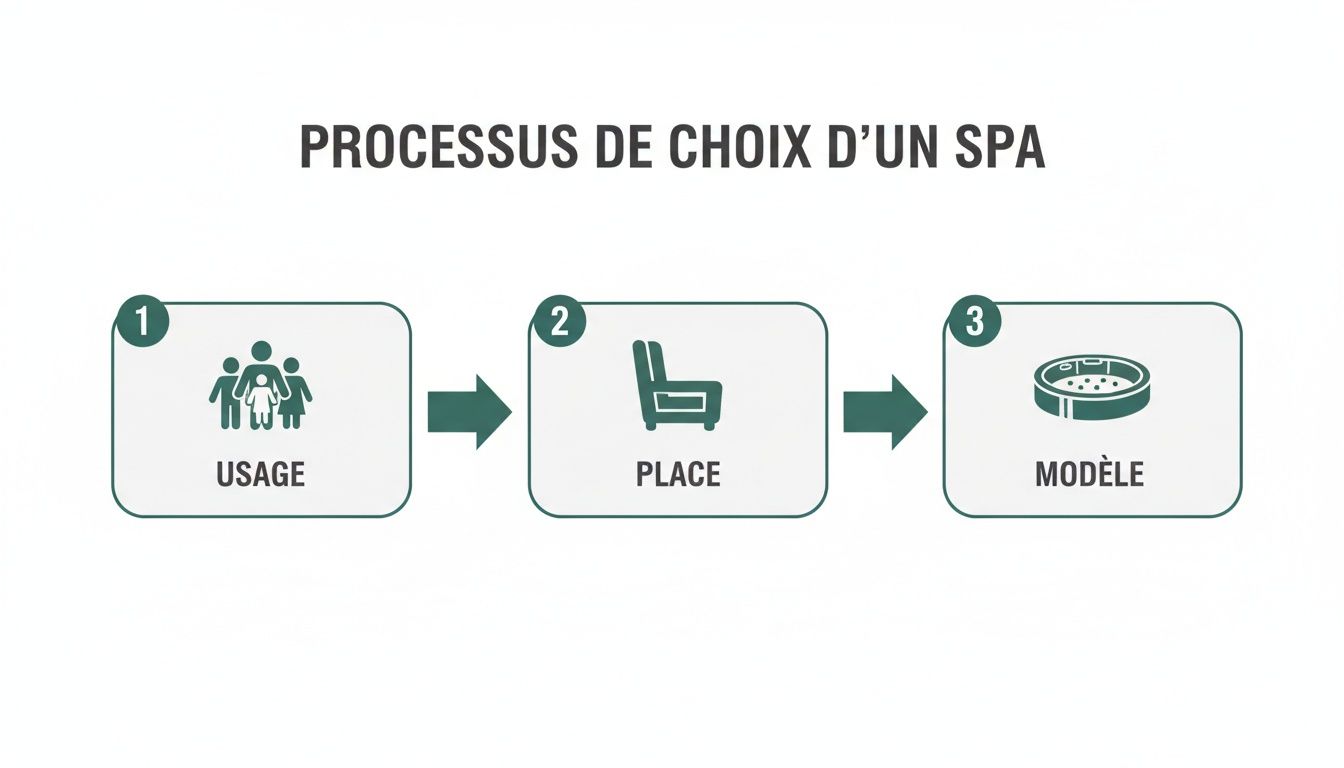 jacuzzi 6 people selection process - Le guide ultime du jacuzzi 6 personnes pour la Belgique et le Luxembourg Infographie présentant le processus de choix d'un spa en trois étapes : usage, place et modèle.