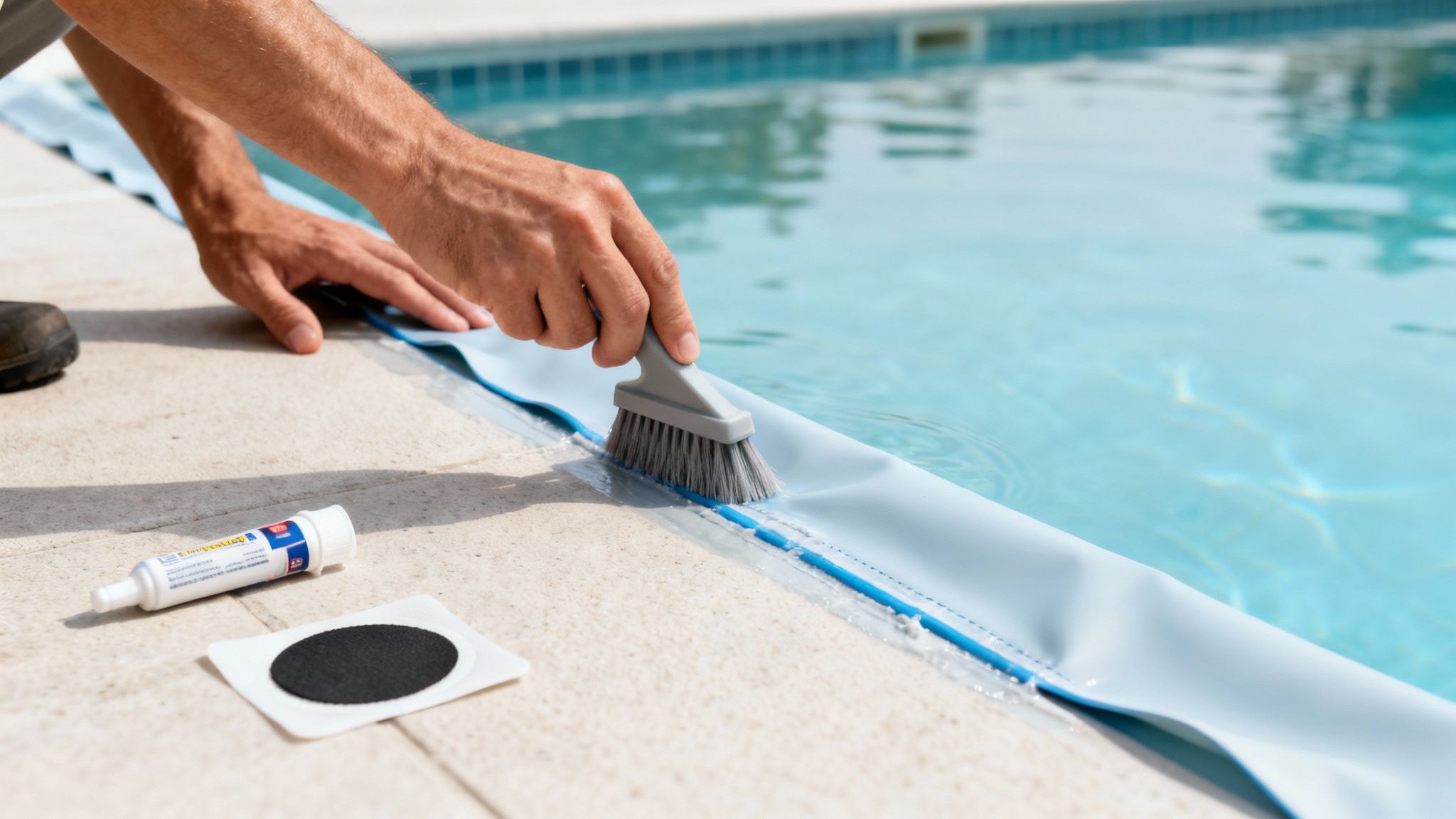 pool liner pool maintenance - Découvrez la piscine en liner: guide, prix et installation Homme nettoyant le bord d'une piscine en liner avec une brosse, près d'un kit de réparation.