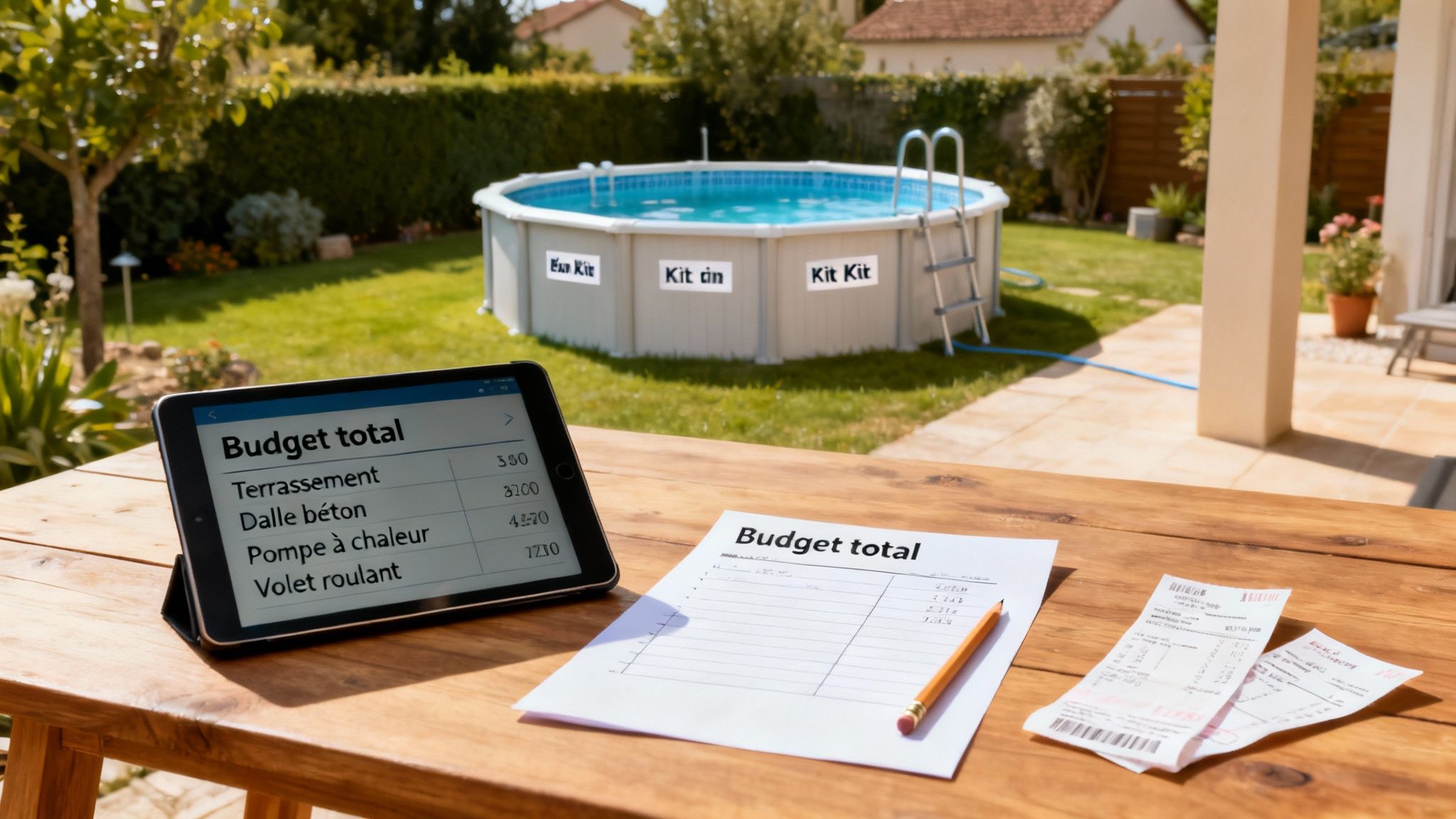 kit pool budget - Piscine en kit en Belgique guide pour un projet réussi Une personne examine un budget total pour l'installation d'une piscine en kit dans un jardin ensoleillé.
