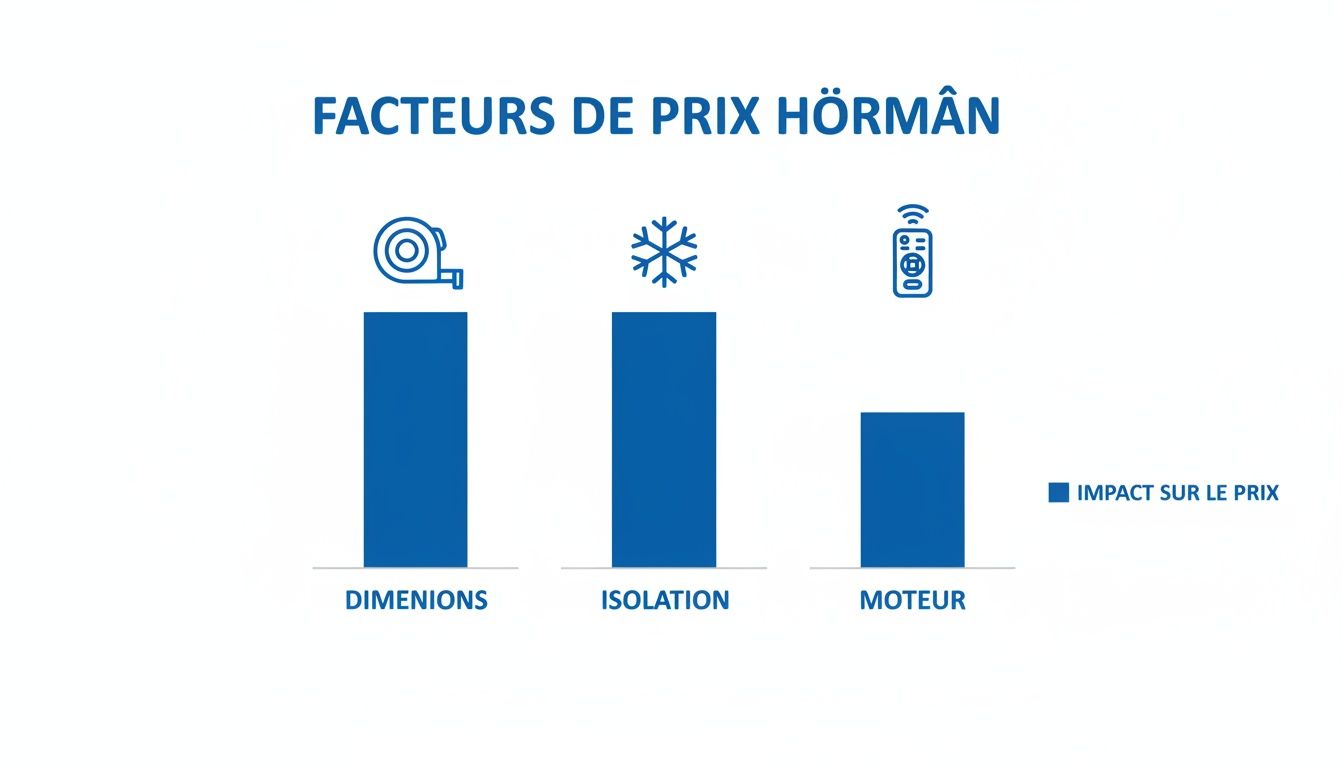 Graphique à barres montrant les facteurs de prix des portes de garage Hörmann : dimensions, isolation et moteur, et leur impact relatif.