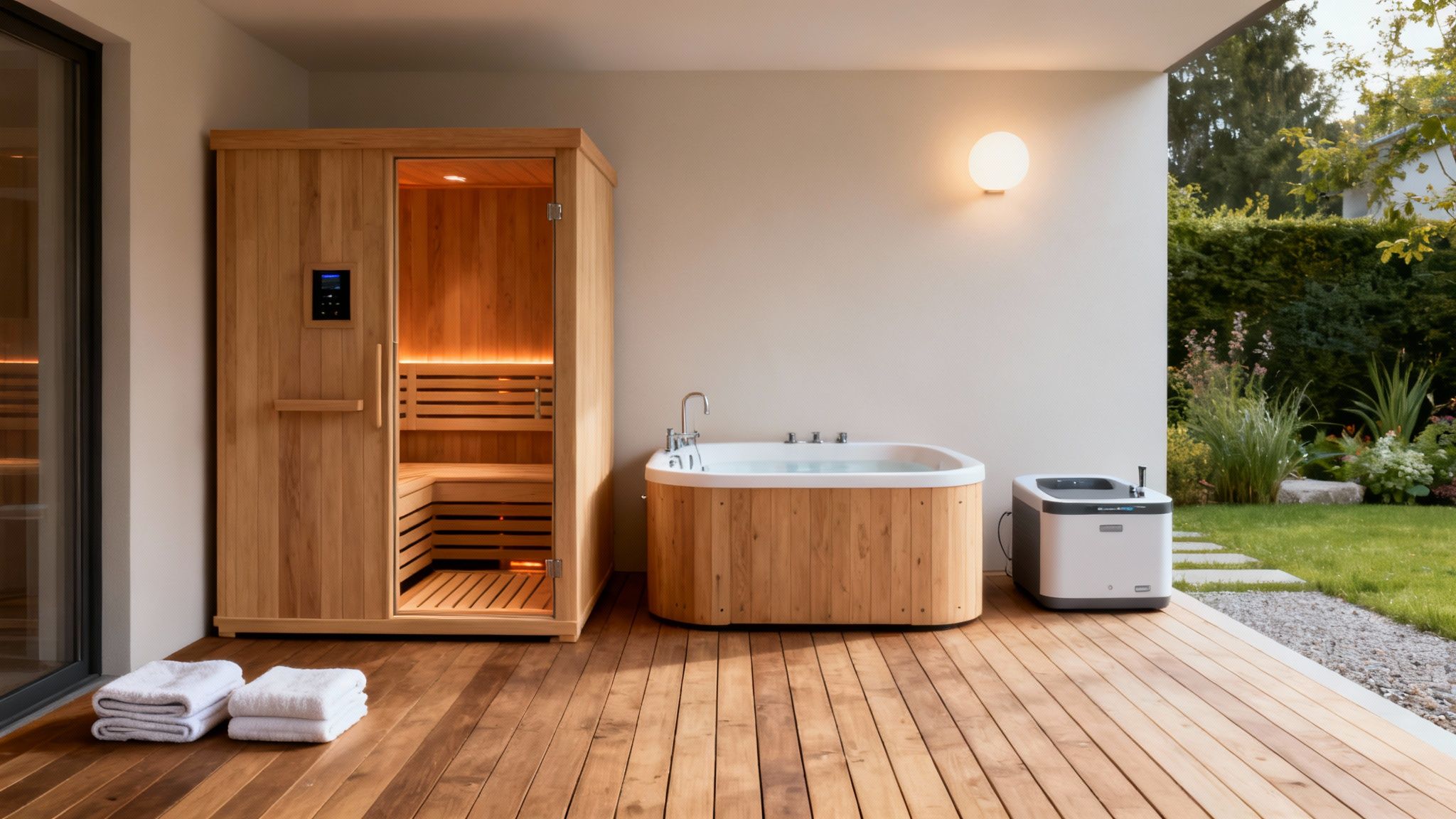 benefits of infrared sauna sauna hot tub - Le guide des bienfaits du sauna infrarouge pour votre santé Sauna et bain à remous extérieurs sur une terrasse en bois, avec serviettes et verdure luxuriante.