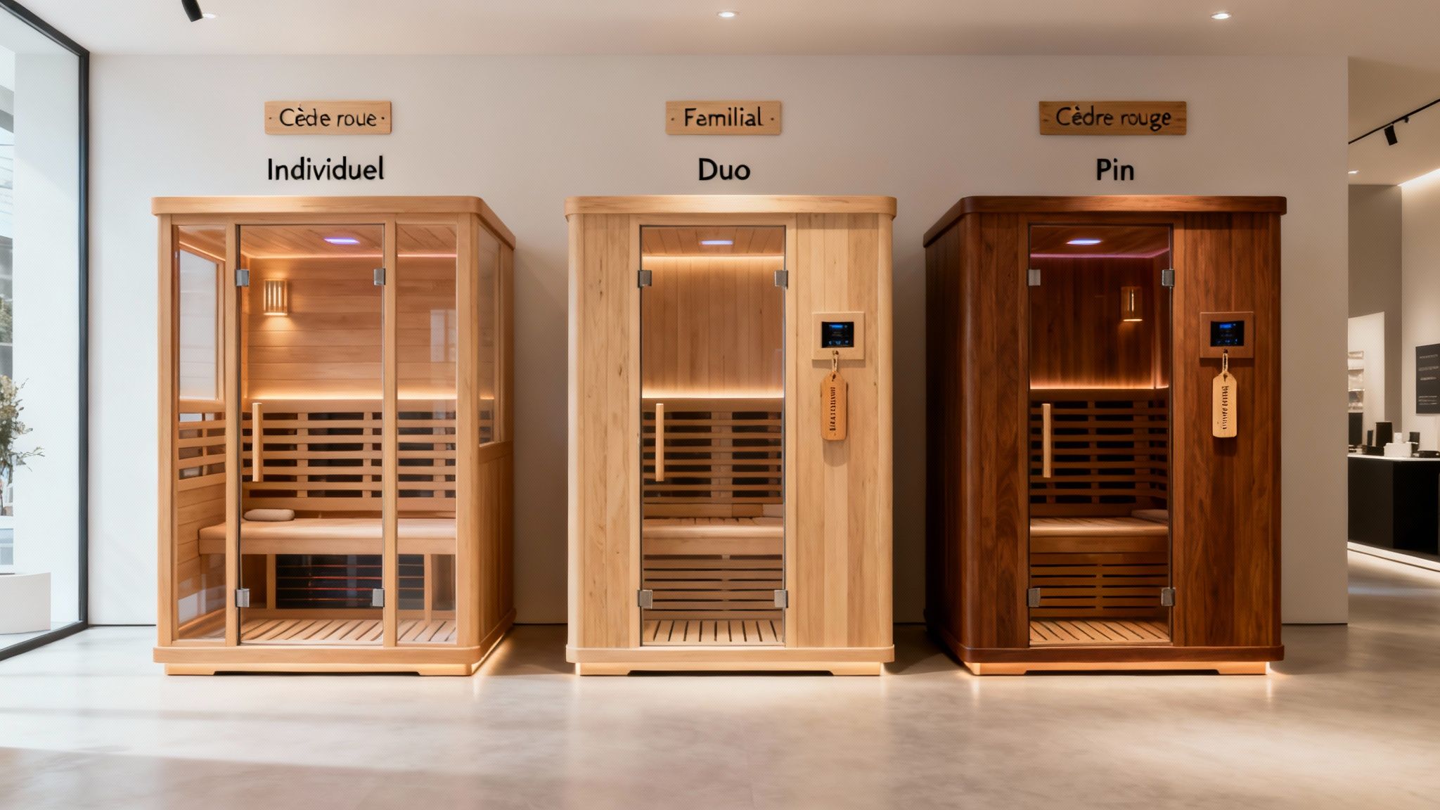 infrared sauna sauna models - Sauna infrarouge: Guide rapide pour choisir le meilleur modèle Trois saunas infrarouges en bois clair et foncé de tailles différentes : individuel, duo et familial.
