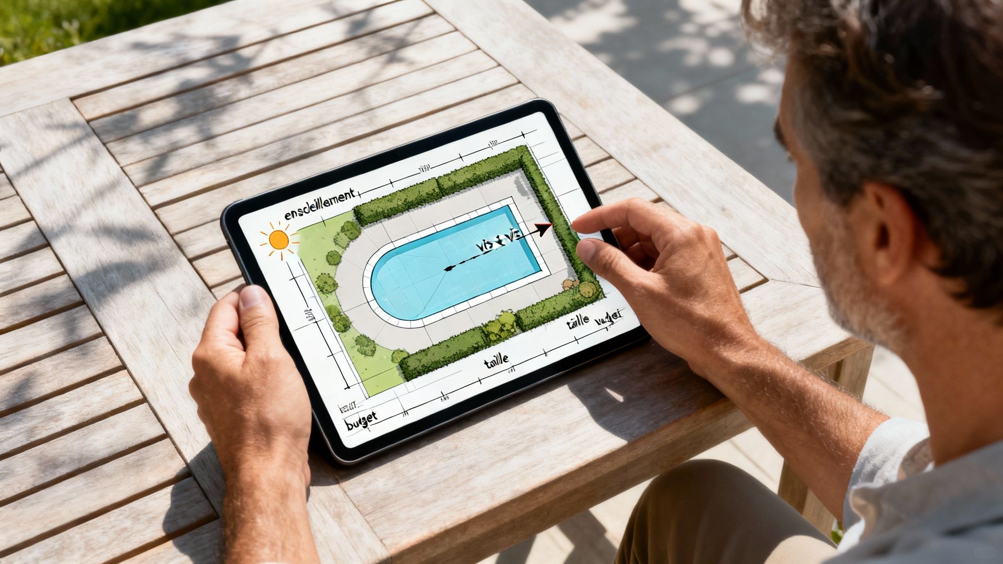 pool for garden pool design - Découvrez la piscine pour jardin: guide essentiel pour choisir et installer Homme étudie un plan de jardin avec piscine sur tablette, évaluant l'ensoleillement et la taille des haies.