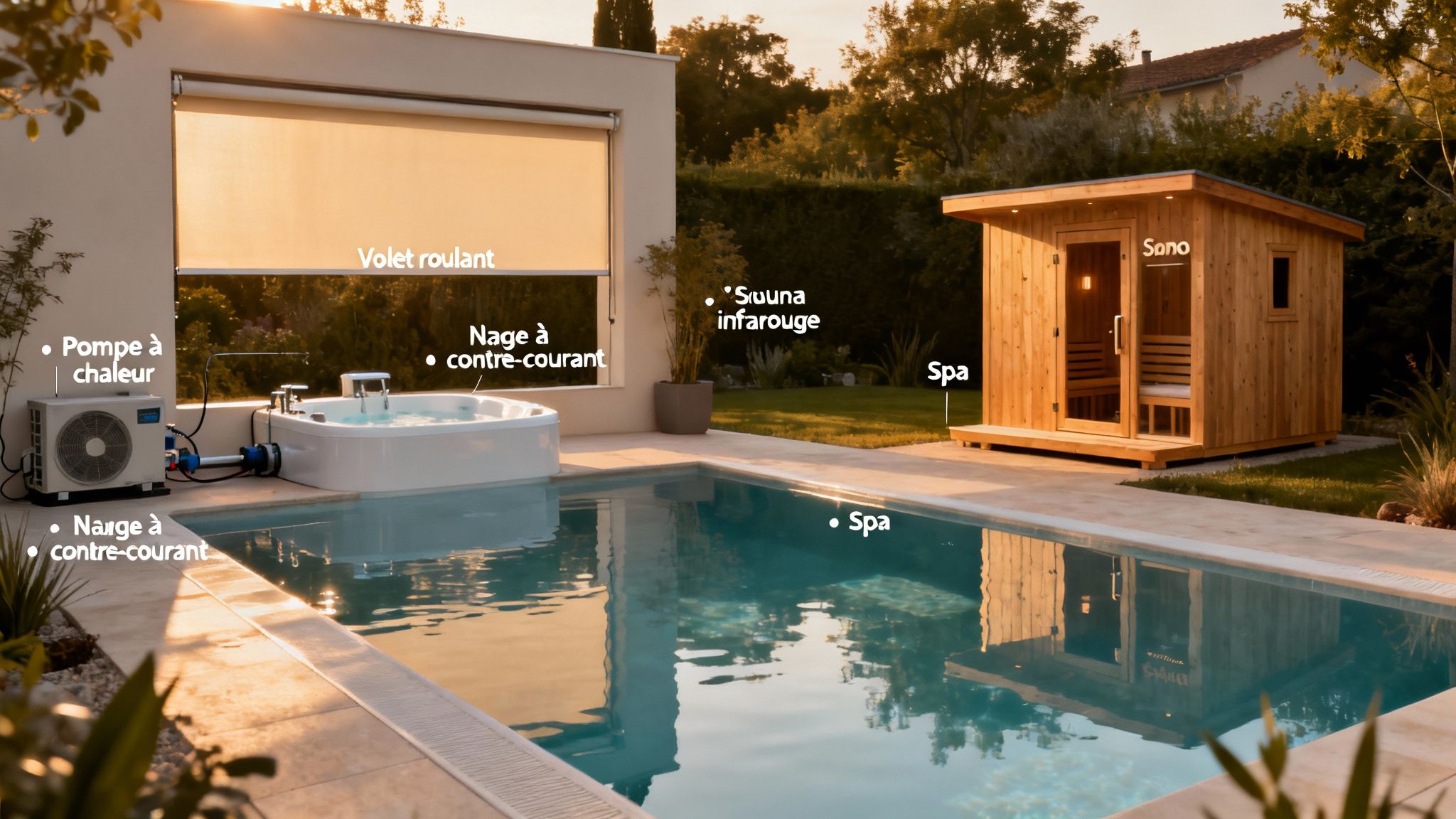 shell pool prices outdoor leisure - Prix piscines coques : guide clair et pratique en Belgique et au Luxembourg Aménagement extérieur moderne avec piscine, spa, sauna, pompe à chaleur et volet roulant.