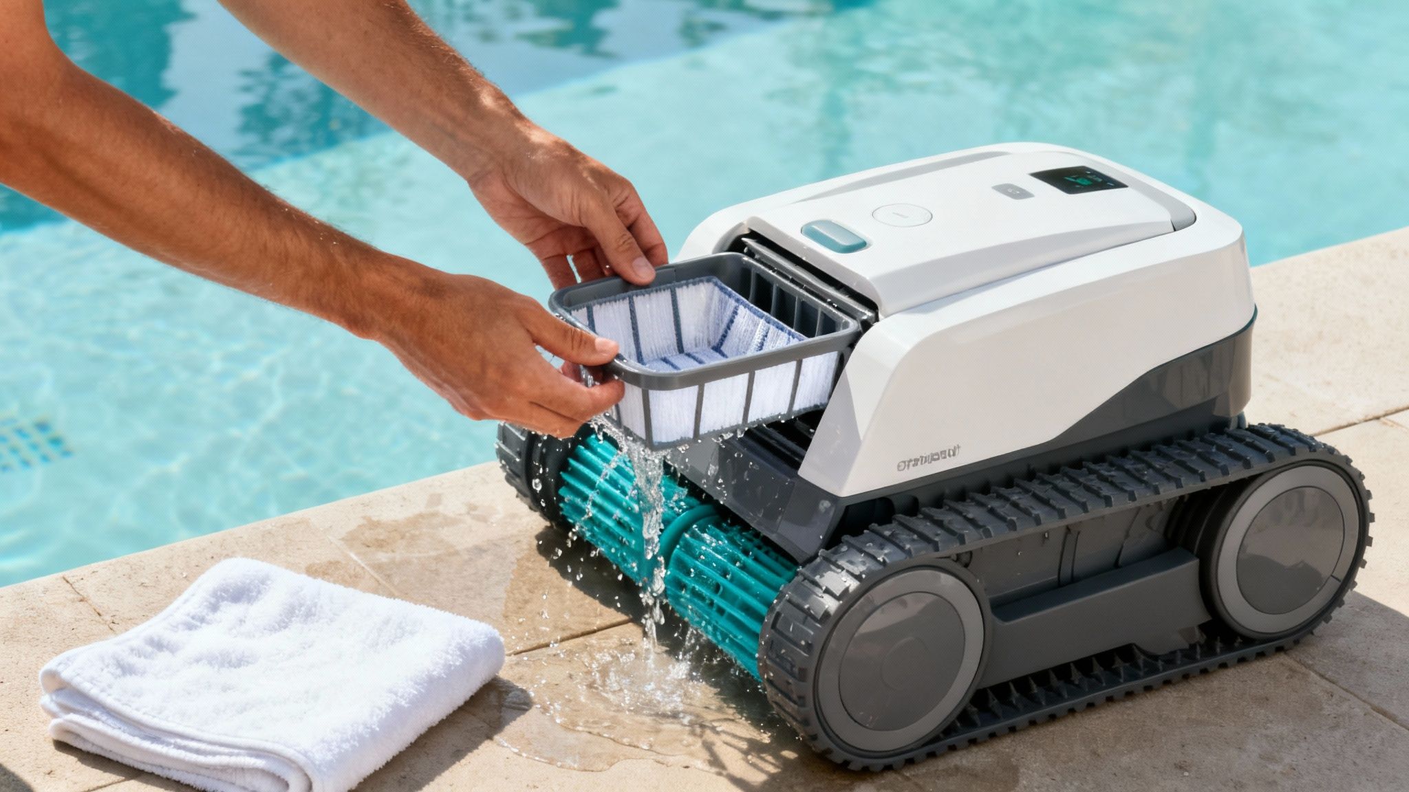 wireless pool robot filter cleaning - Le guide du robot piscine sans fil pour une eau impeccable Mains nettoyant le filtre d'un robot de piscine sans fil, avec de l'eau qui s'écoule près de la piscine.