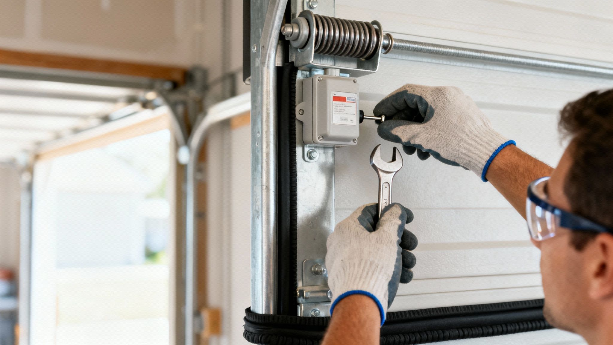 Un technicien ajuste un mécanisme de porte de garage avec une clé, portant des gants et des lunettes de sécurité.