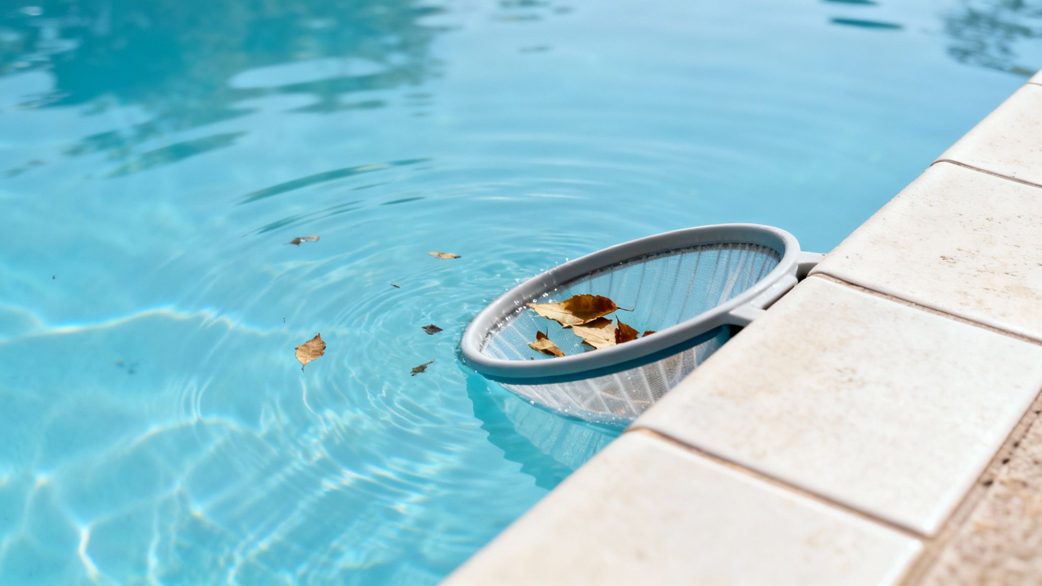 pool skimmer leaf removal - Le guide du skimmer pour piscine pour une eau parfaitement claire Un écumoire de piscine blanc avec des feuilles flottantes dans une piscine bleue claire avec des carreaux de bord.