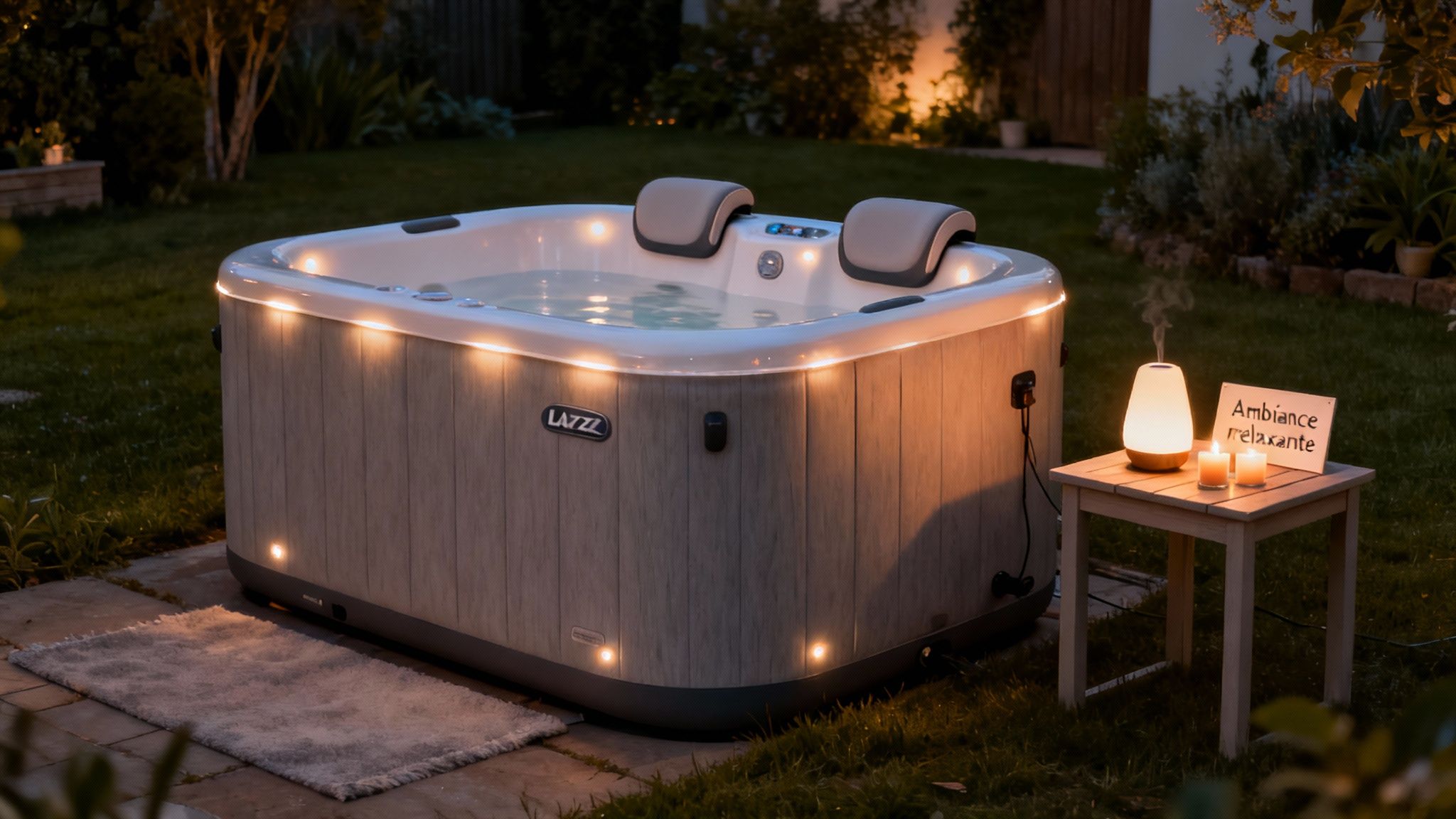 spa lay z bestway spa ambiance - Spa lay z bestway: guide complet pour votre oasis de détente à domicile Lay-Z-Spa illuminé dans un jardin la nuit, créant une ambiance relaxante avec diffuseur et bougies.