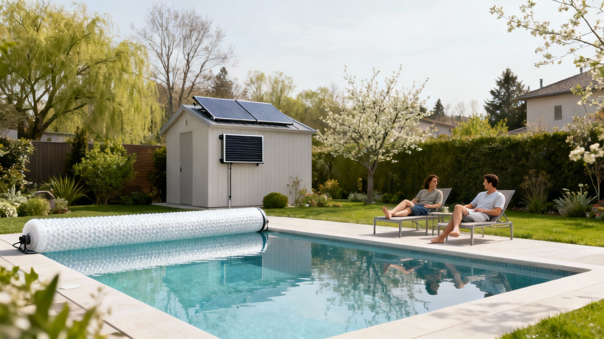 solar heating for pool solar pool - Chauffage solaire pour piscine: économie durable et confort pour spa, sauna et bain nordique Un couple se relaxe au bord d'une piscine avec un abri de jardin équipé de panneaux solaires pour le chauffage de l'eau.