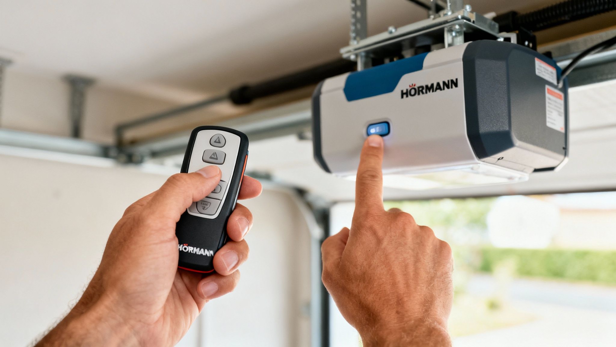 Deux mains contrôlent une porte de garage Hörmann: l'une avec une télécommande, l'autre appuyant sur le moteur.