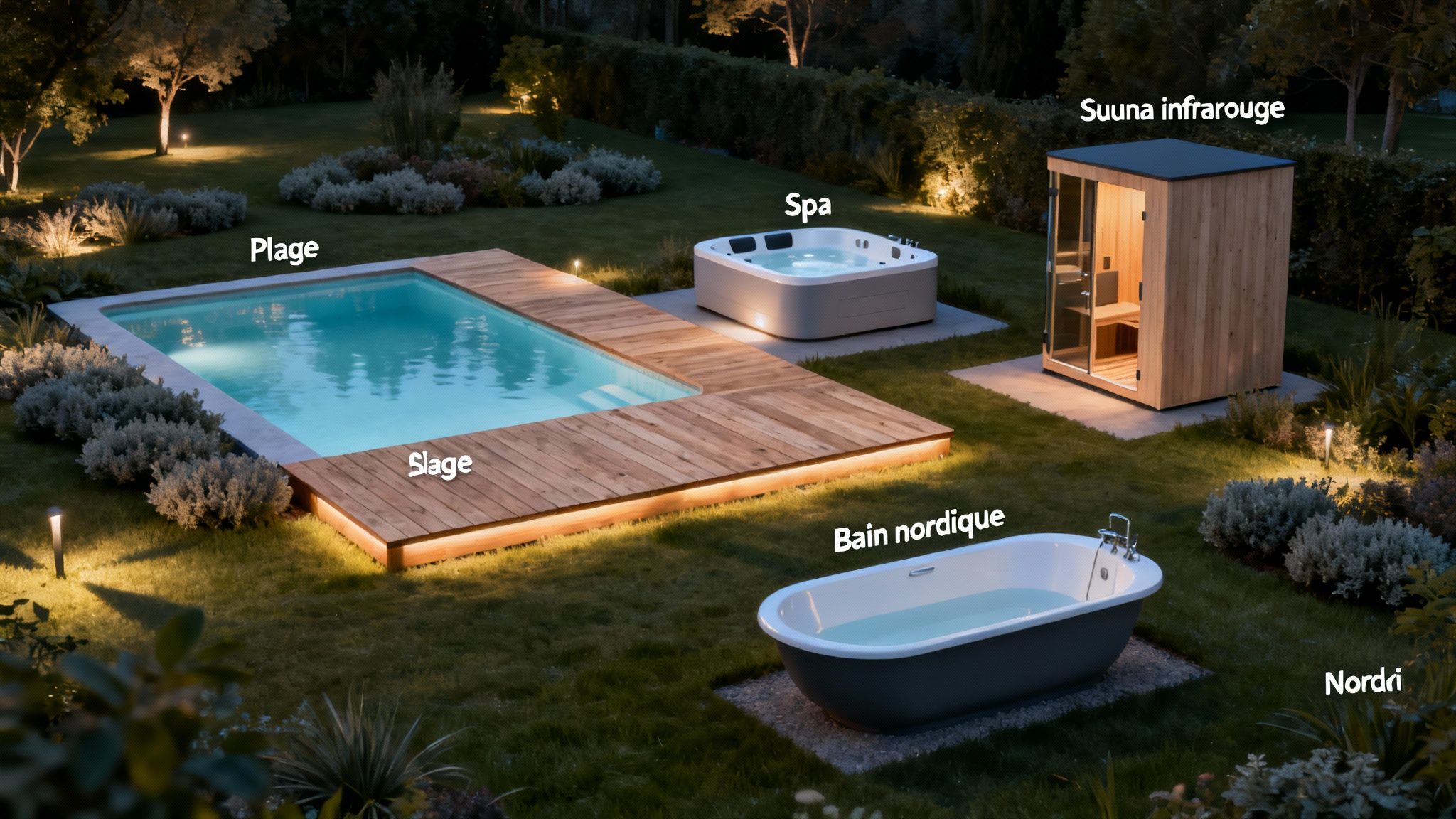 fiberglass pool price belgium backyard retreat - Prix piscine coque belgique: Le guide complet pour votre espace bien-être Aménagement paysager nocturne luxueux avec piscine, spa, sauna infrarouge et bain nordique illuminés.