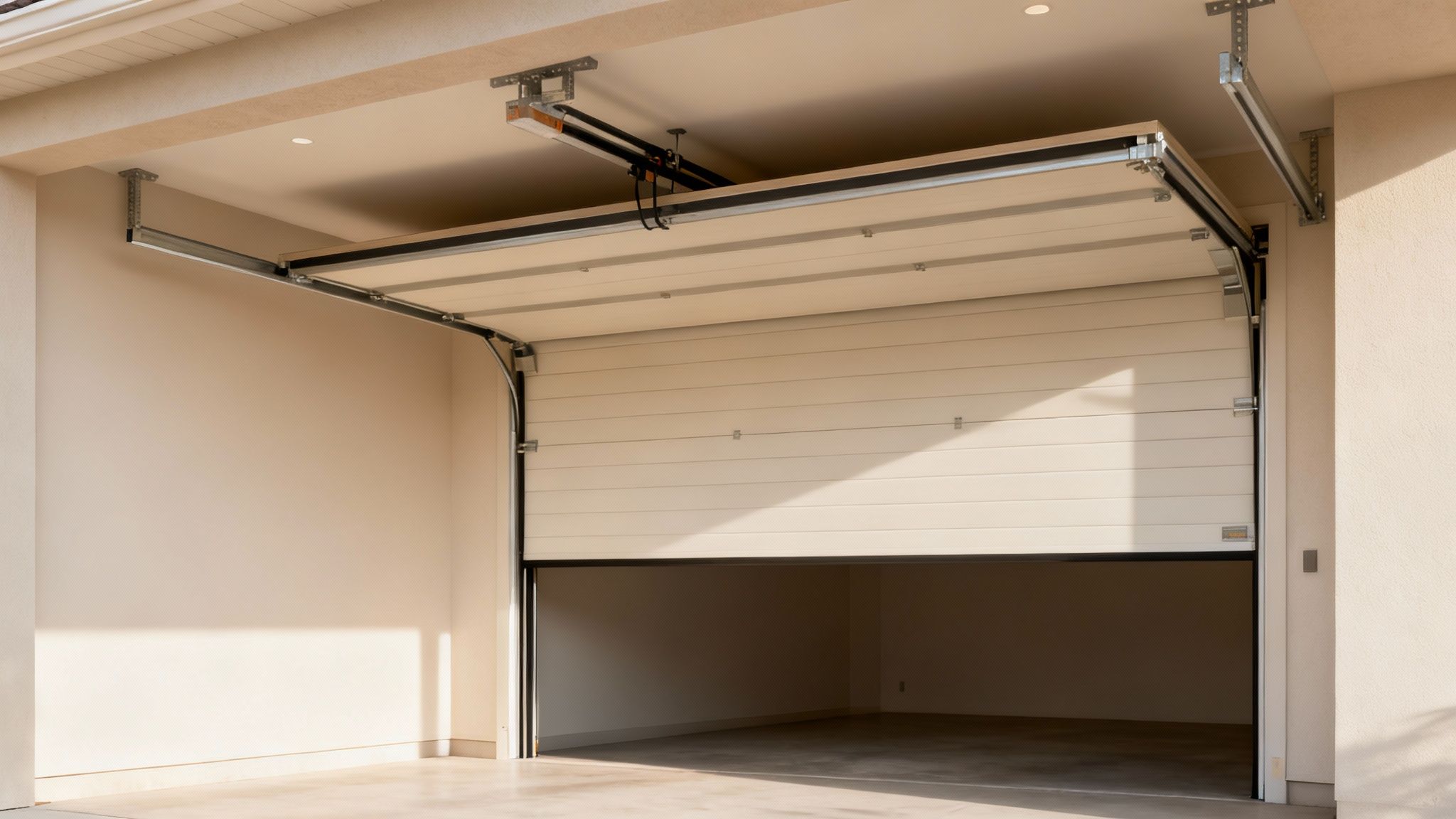 Une porte de garage sectionnelle de couleur crème est à moitié ouverte, révélant l'intérieur d'un garage moderne et propre.