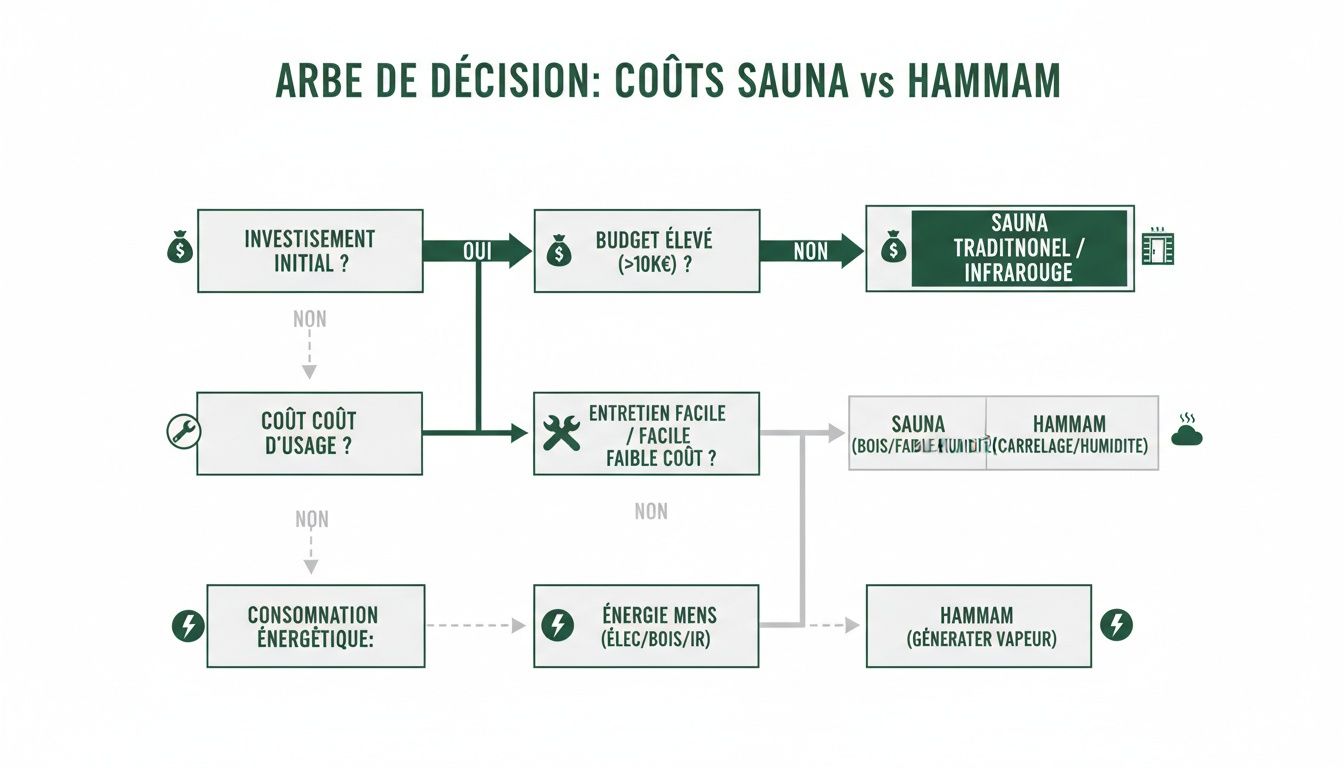 difference between sauna and hammam decision flow - Quelle différence entre sauna et hammam pour votre espace bien-être Arbre de décision comparant les coûts initiaux, d'usage et énergétiques entre sauna et hammam pour aider au choix.