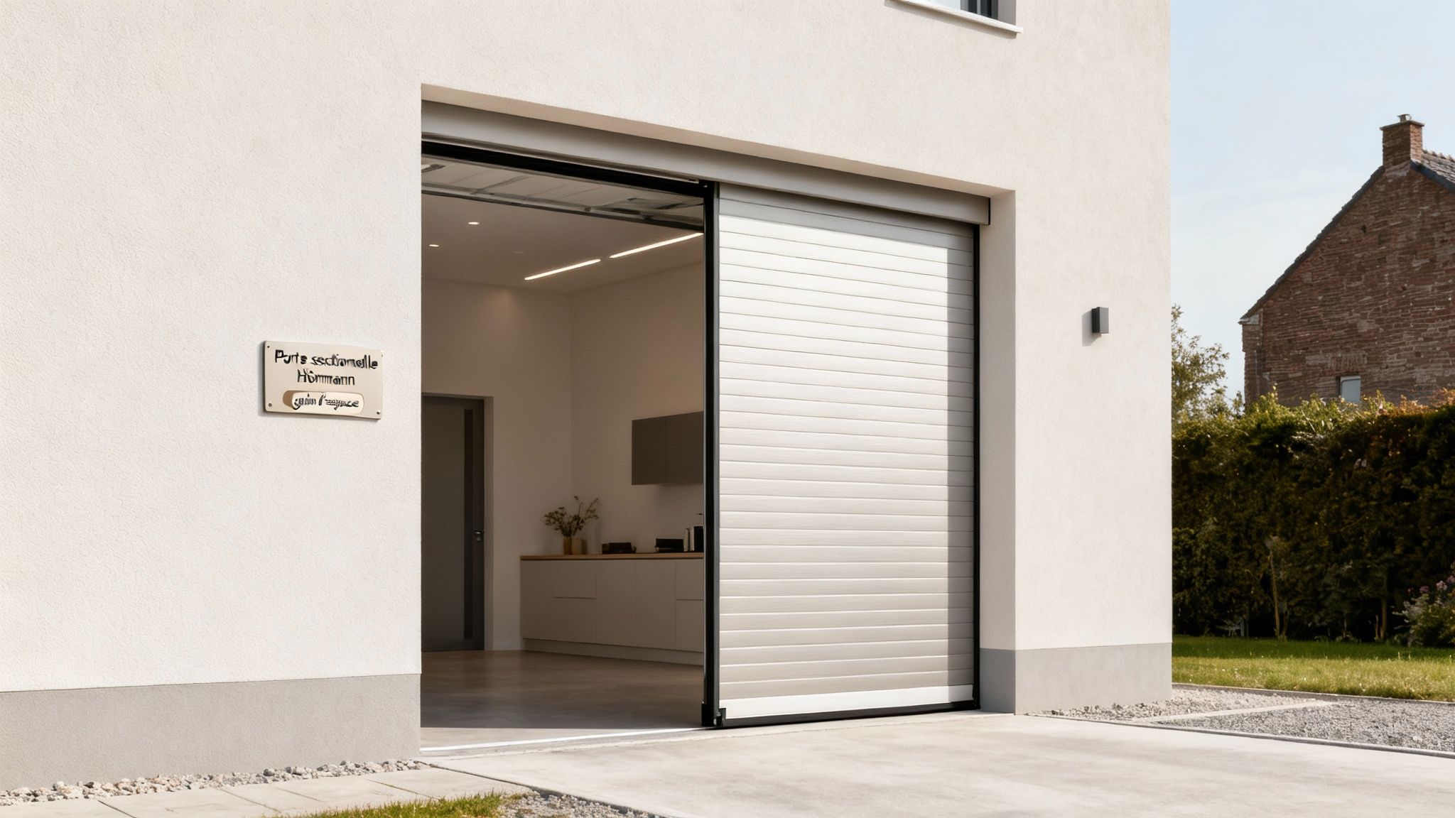 Porte sectionnelle Hörmann grise et moderne, partiellement ouverte, révélant un intérieur propre et lumineux.