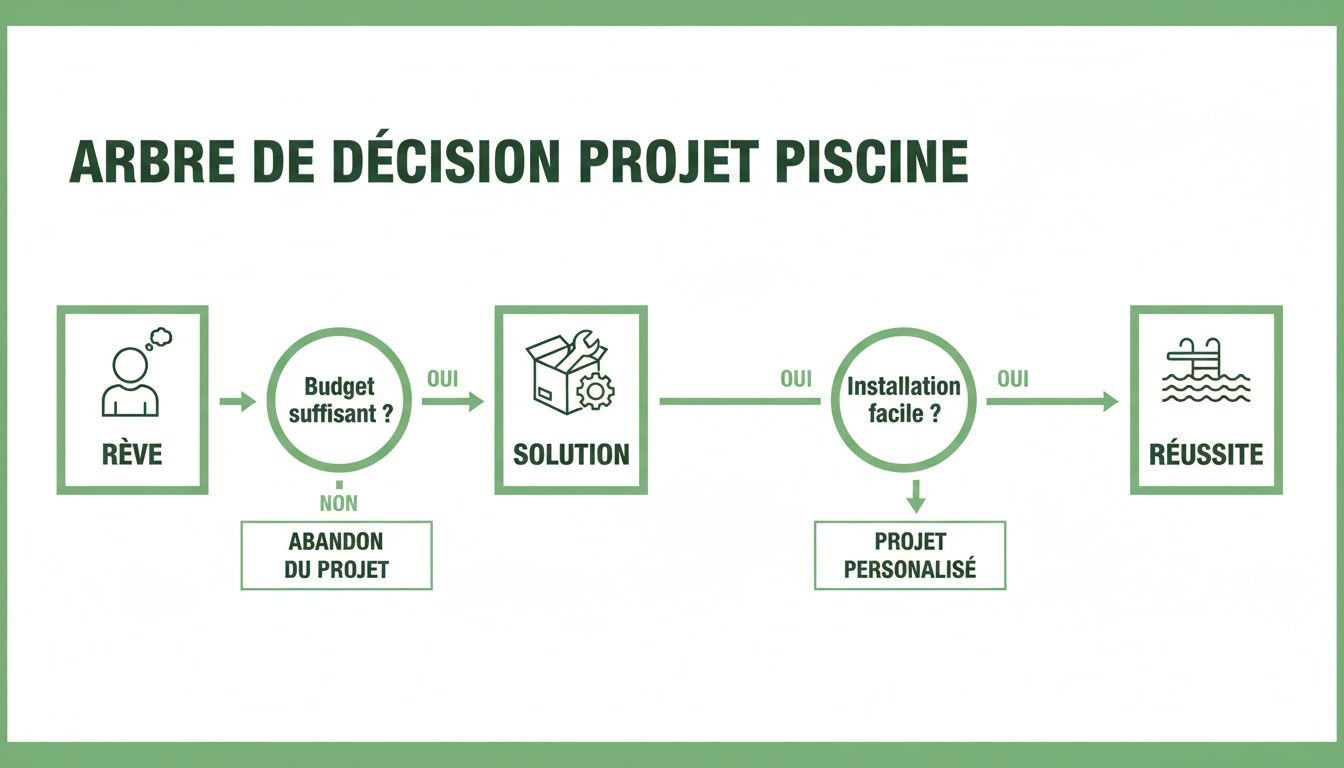 kit pools decision tree - Le guide complet des piscines en kit, spas et saunas en Belgique et Luxembourg Arbre de décision pour un projet piscine, guidant de l'idée à la réussite via le budget et l'installation.