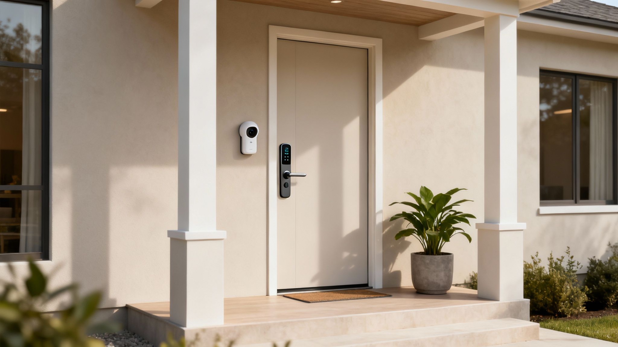 Entrée moderne d'une maison avec porte blanche, serrure intelligente noire et caméra de sécurité.